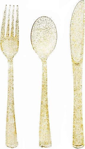 Paquete de 150 cubiertos de plástico dorado con purpurina, cubiertos dorados resistentes, 50 tenedores con purpurina dorada, 50 cuchillos con