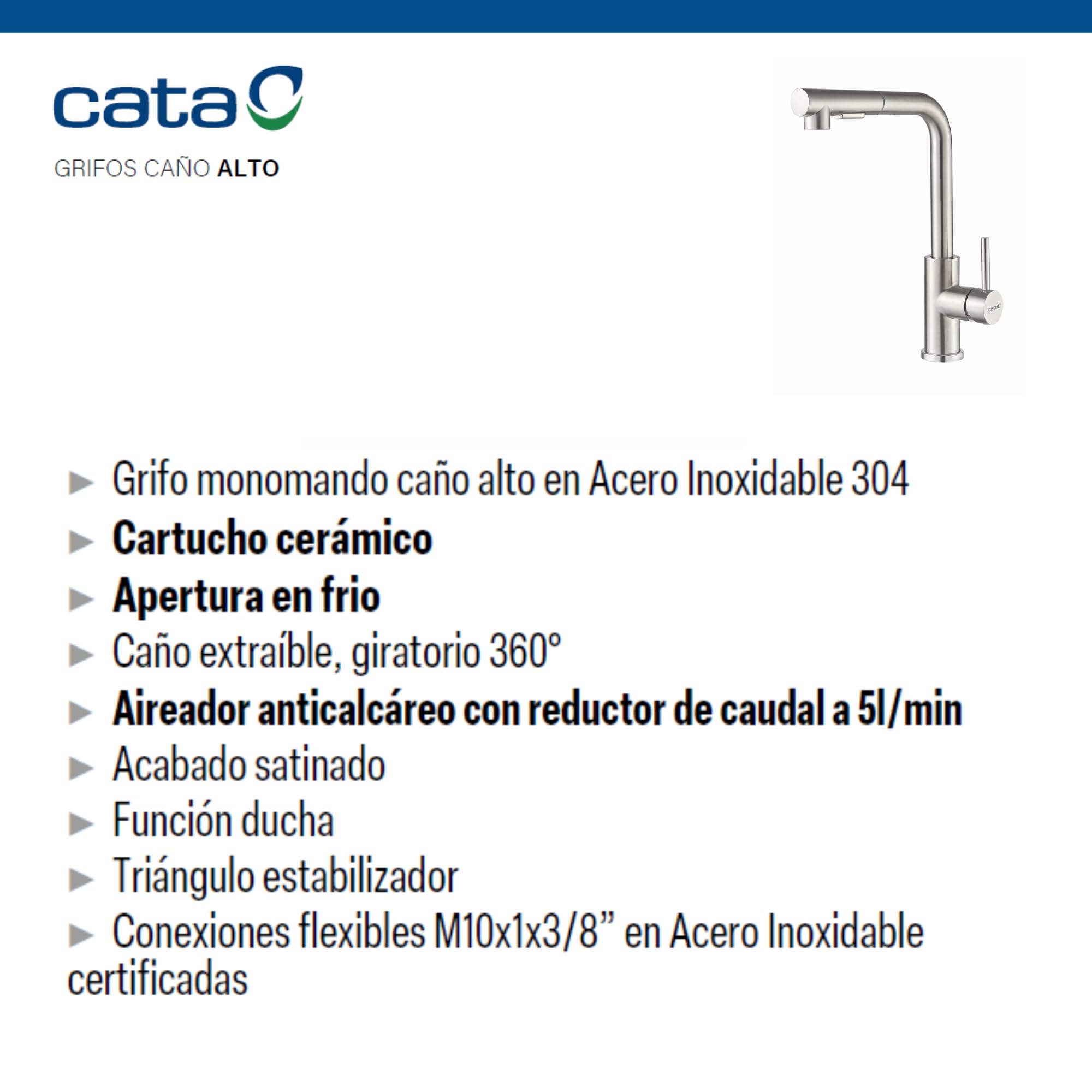 CATA Grifo de Cocina XSE X/B, Caño Alto, Monomando, Cartucho Cerámico, Giratorio 360º, Extraíble, Aireador, Anti Calcáreo, Satinado, Reductor Caudal 5L, Función Ducha, Flexible Acabado Inoxidable