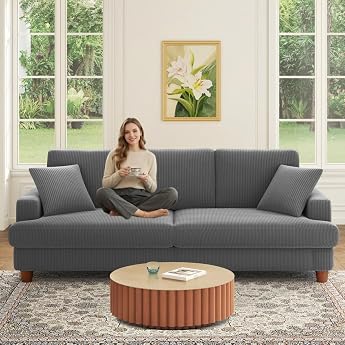 Kidirect Cord Sofa 3 Seater, 221 cm Comfortable Couch 3 Seater, Sofa Living | Big Sofa Couch 53 cm Extra Deep Seats, Tool-fre