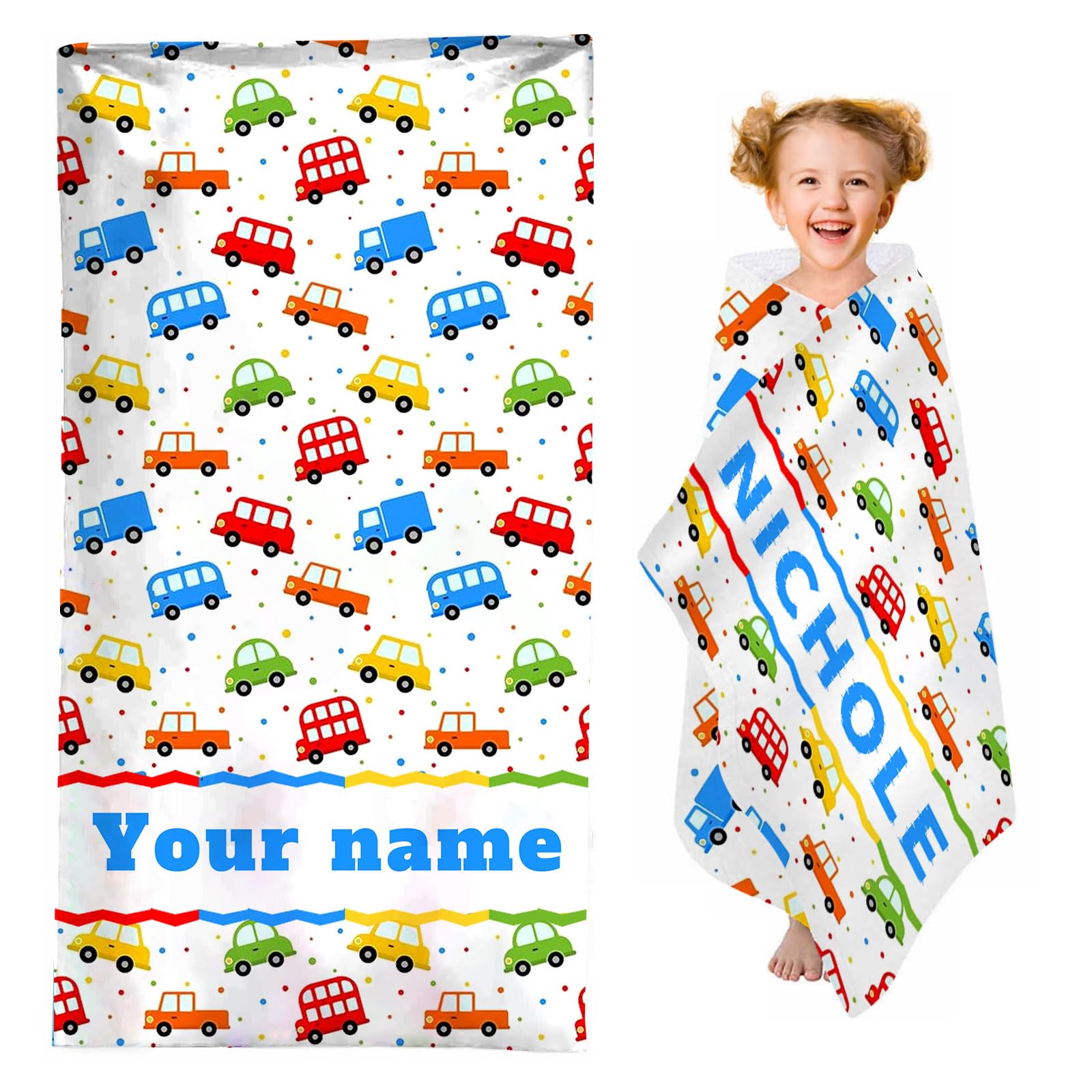 SHROUDEX Personalised Beach Towel With Name, Cartoon Car Towel with Name, Microfibre Beach Towel, Large, 90 x 180 cm, Fire Engine Bath Towel for Beach (2,100 x 200 cm) — image 1