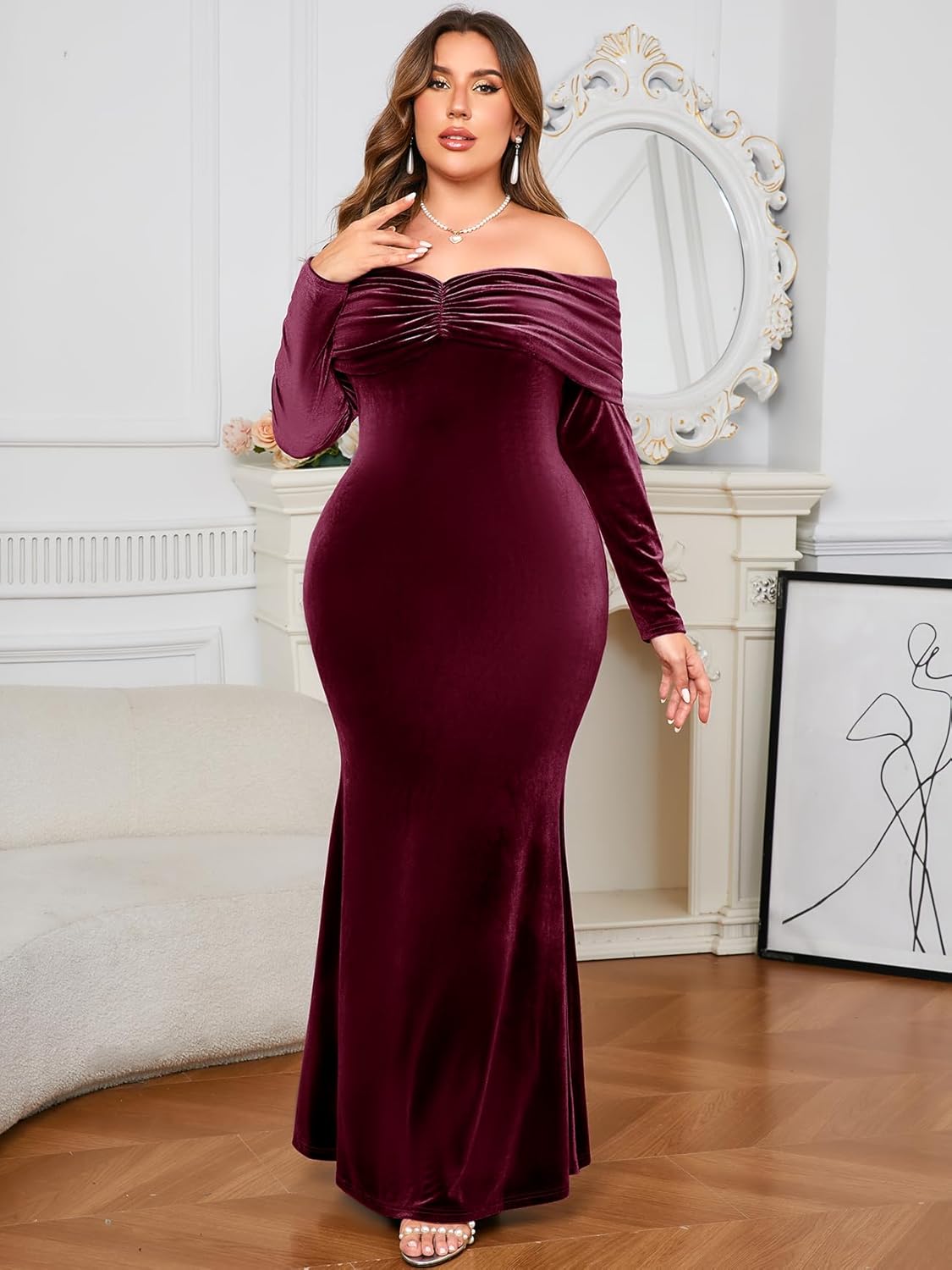 ZOMVA Plus Size Off Shoulder Velvet Dress Long Sleeve Mermaid Bodycon Maxi Evening Gown for Cocktail Party Wedding Guest - Image 4