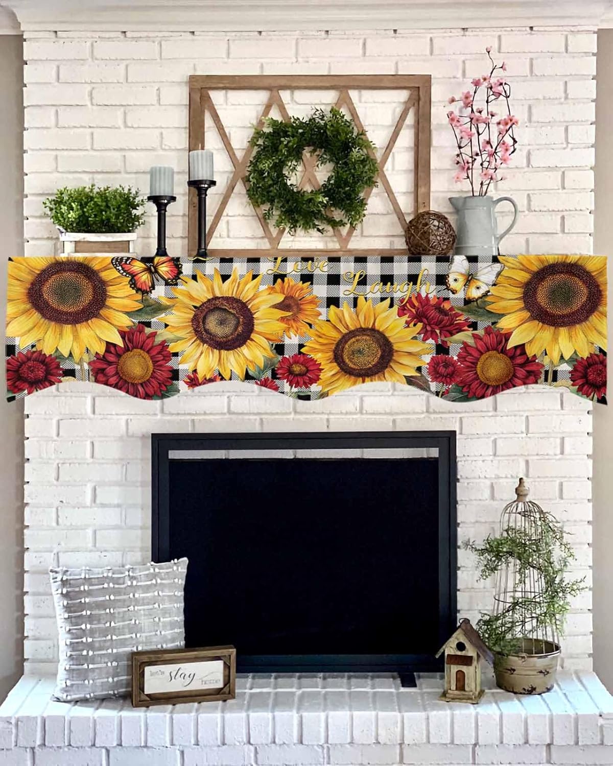 Sunflower Mantle Scarf for Fireplace Decorations, Farmhouse Chrysanthemum Buffalo Plaid Mantel Scarf Mantel Top Runner Cover for Home Holiday Party Supplies, 17 x 60 Inch
