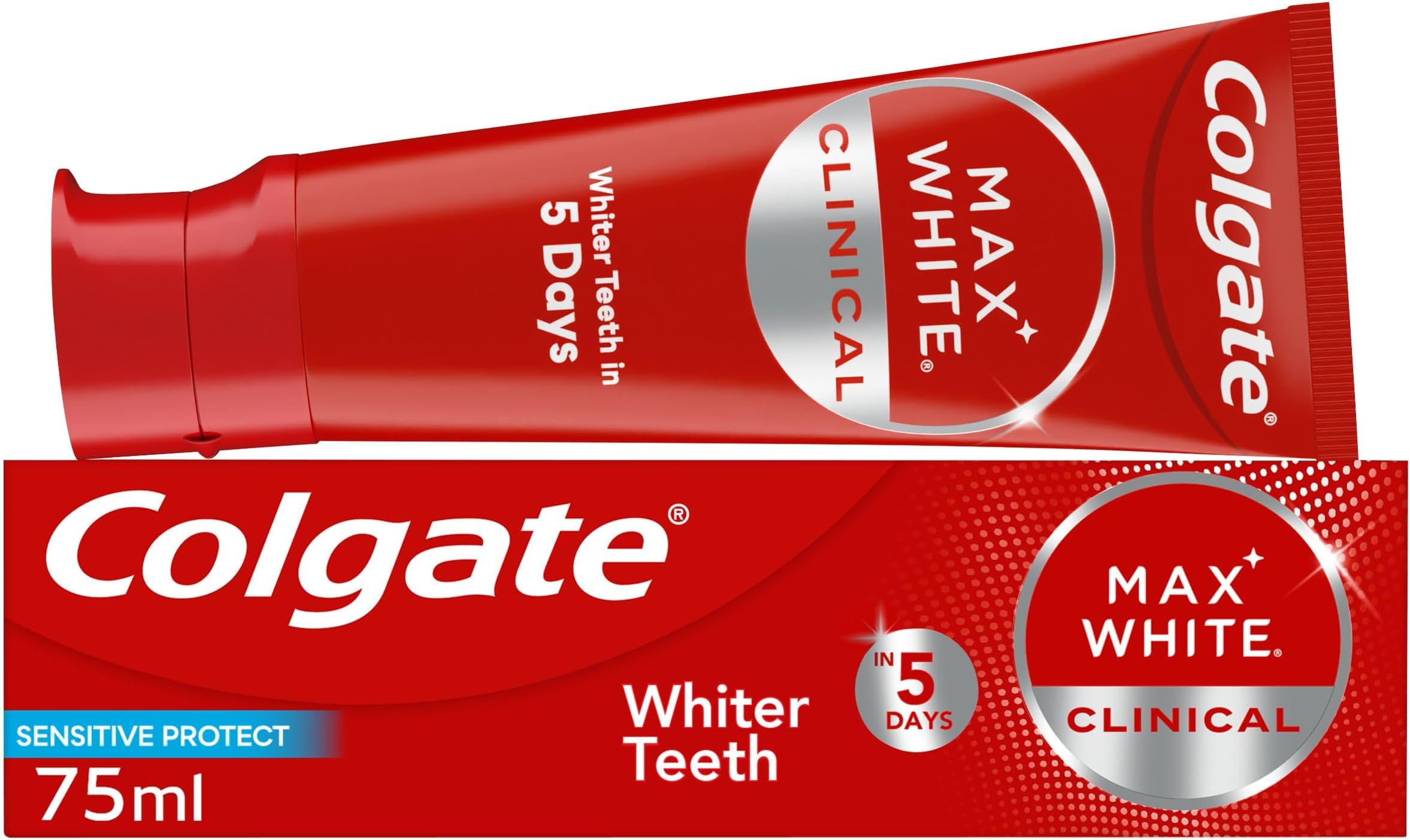 Colgate Max White Clinical Sensitive Protect Toothpaste 75ml - Hydrogen Peroxide Teeth whitening Toothpaste - Whiter Teeth in 5 Days - Deeply whitens Stains* - Enamel Safe for Daily use