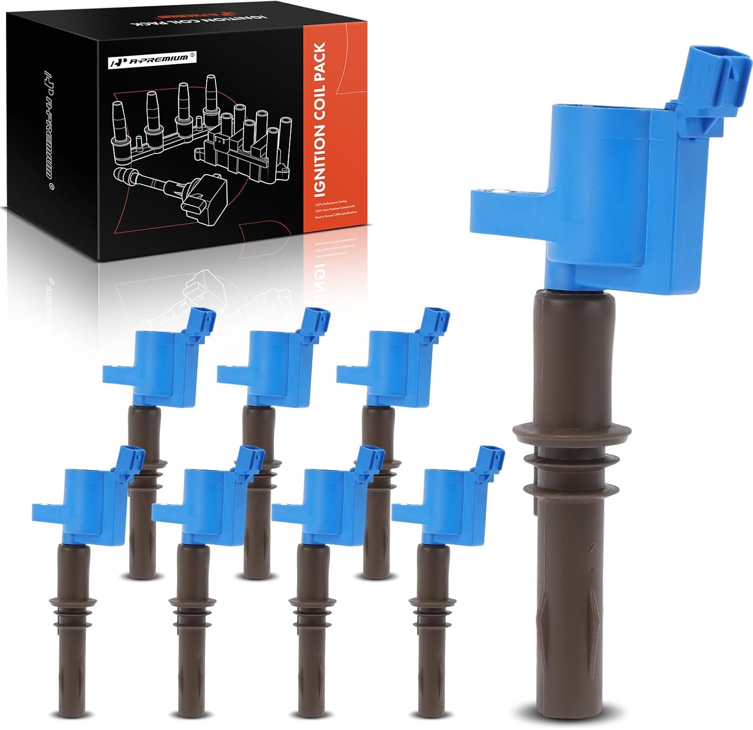 A-Premium (Blue) Engine Ignition Coil Pack Compatible with Ford F-150, F-250 F-350 Super Duty, F-650, F-750, Explorer, Mustang, Explorer Sport Trac & Lincoln Navigator & Mercury Mountaineer, 8-PC Set