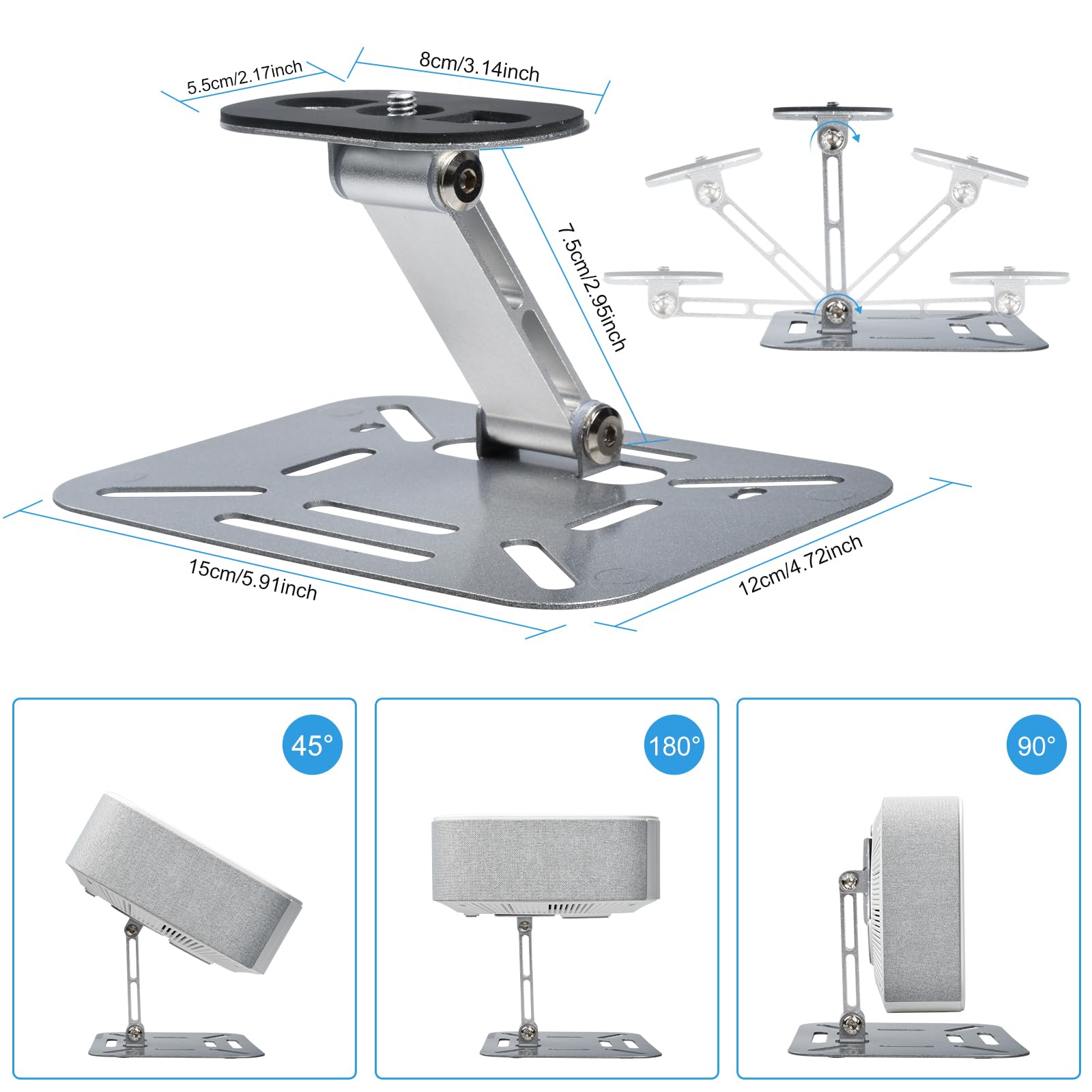 Salange Support de Support de projecteur Bureau,Mini projecteur,Rotatif à 360° avec des Projections d'interface à vis de 1/4 de Pouce (6mm),pour la Plupart des projecteurs,Argent