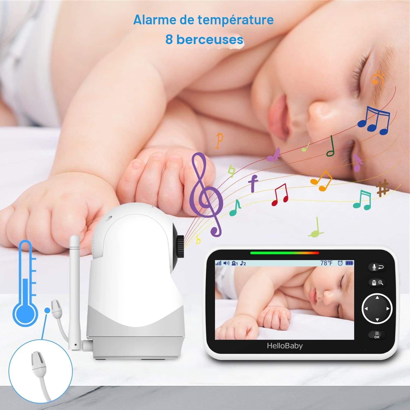 HelloBaby Moniteur avec Caméra et Audio, Écran Large de 5'' avec Batterie 3500mAh, Caméra Rotative et Zoom à Distance, Communication Bidirectionnelle, Mode Éco, Vision Nocturne Automatique