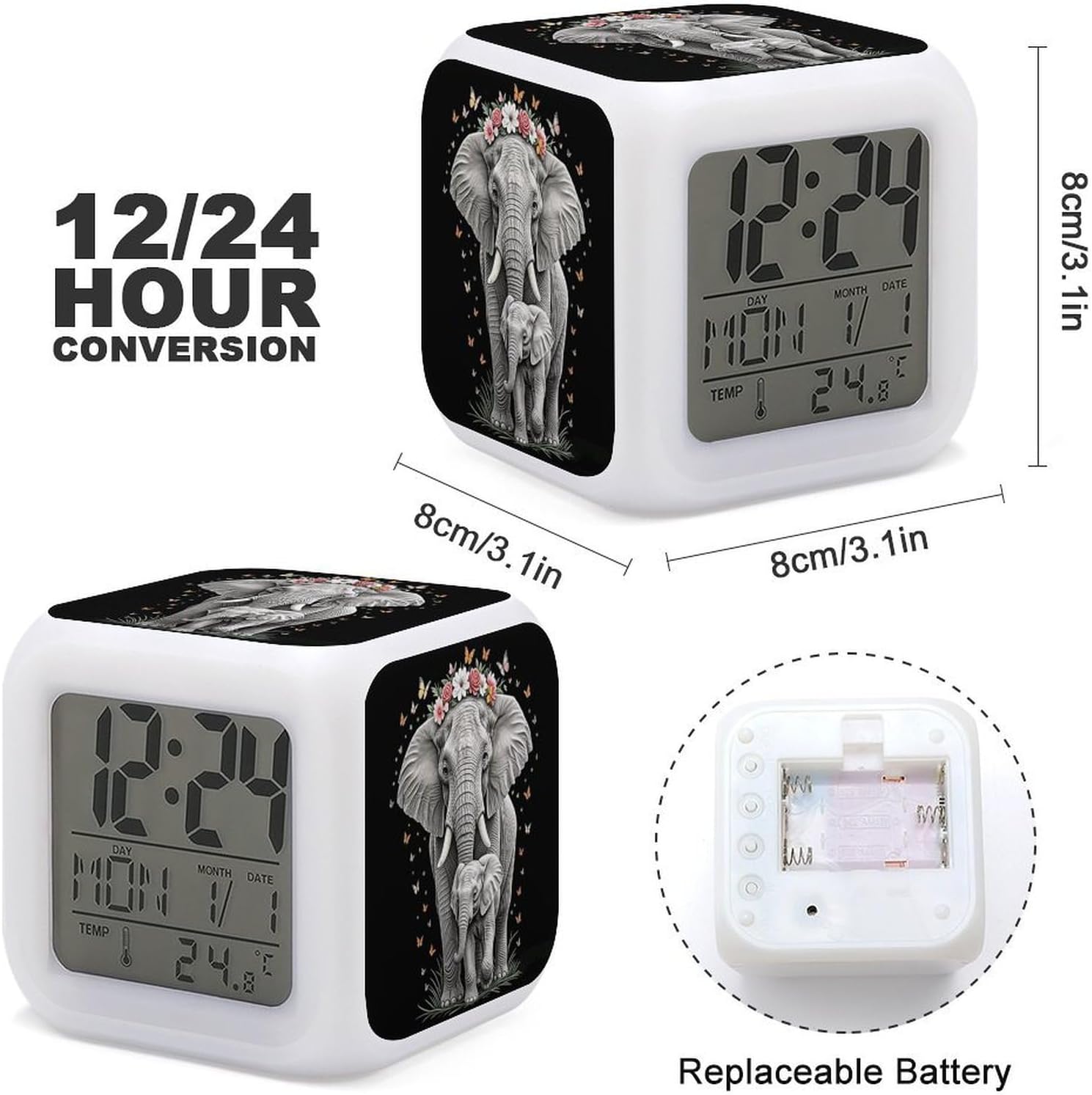 Cute ElephantDigital Alarm Clock with 7 Color Changing Night Light Smart LED Display Desktop Clock for Heavy Sleepers, Bedside Small Alarm Clocks with Date Temperature Display image 3