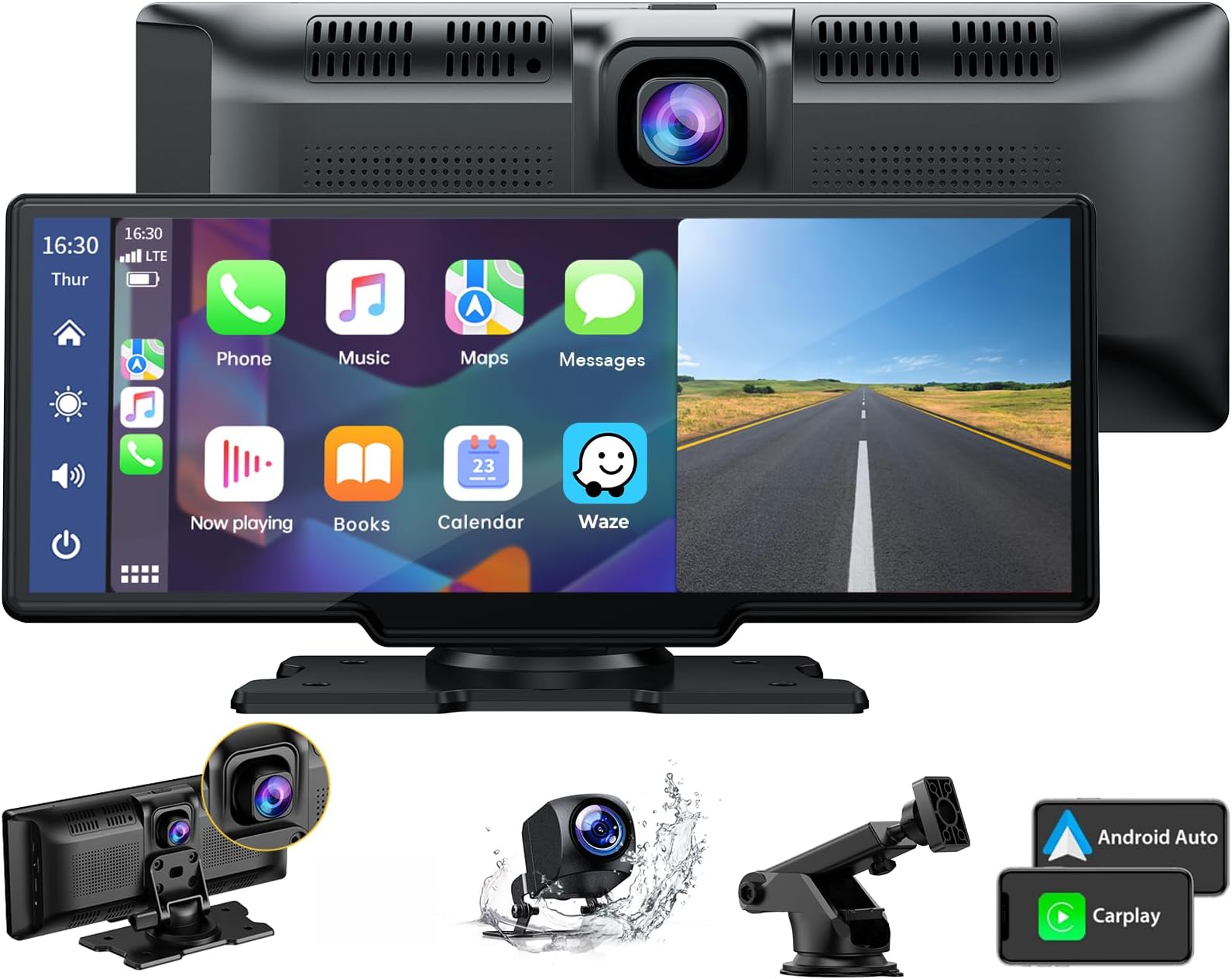 9.26" Wireless Car Stereo Apple Carplay with 2.5K Dash Cam, 1080P Backup Camera, Portable Touchscreen GPS Navigation for Car, Car Stereo Receiver with Bluetooth, AirPlay, AUX/FM, Googel, Siri