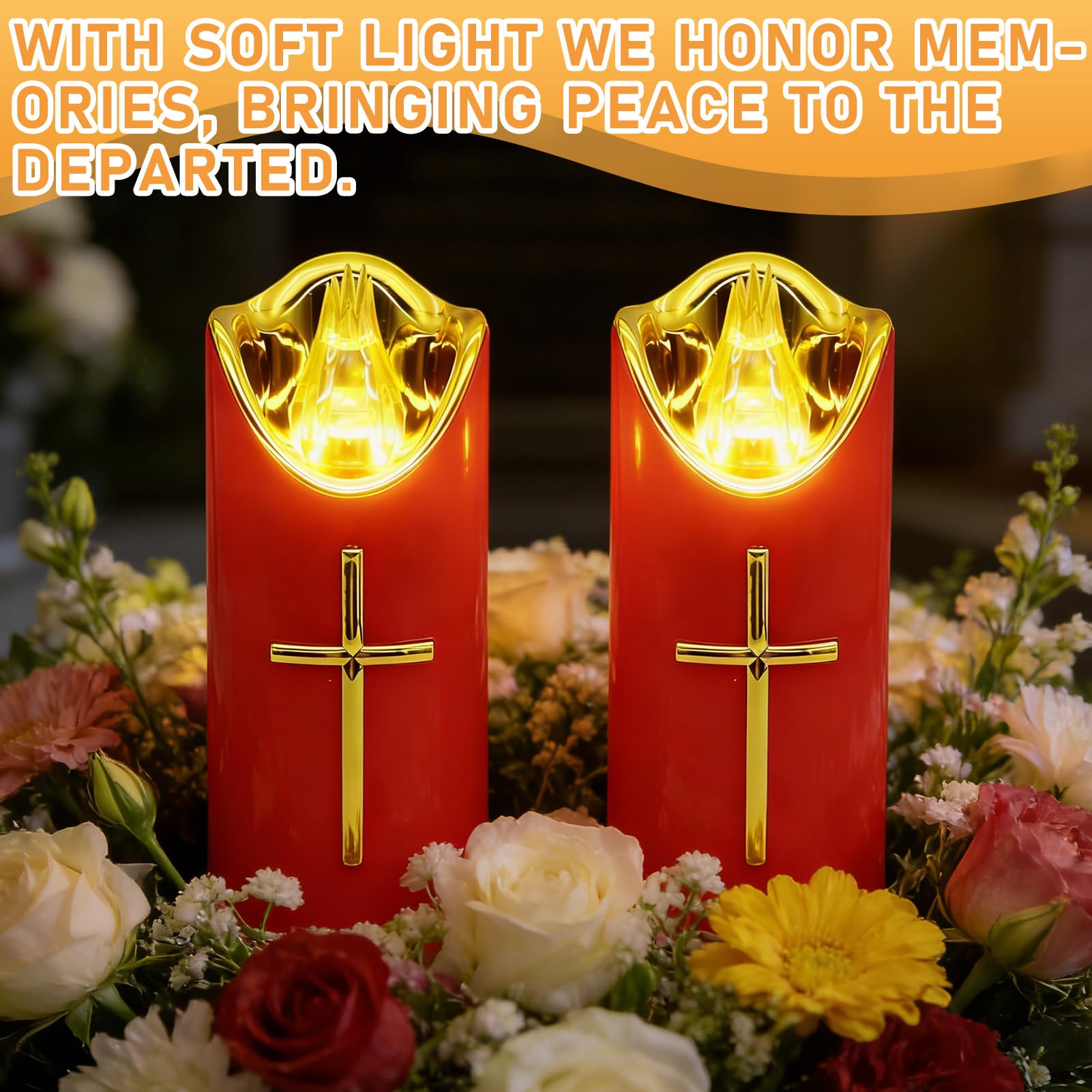 Dongcill Candela Funeraria a LED, Lumino Elettrico a LED, Lumino cimitero, 2 PCS 5X12.5CM, Funzionamento a Batteria, Candele a LED per Cimiteri e Chiese-Rosso