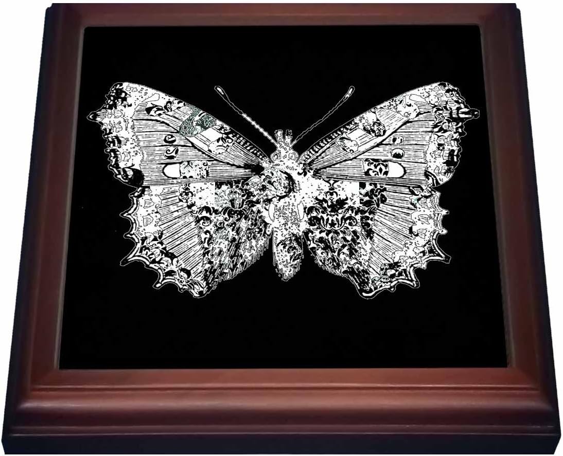 3dRose Pretty Lacy White Butterfly On A Black Background Trivet with Ceramic Tile, 8" x 8", Brown