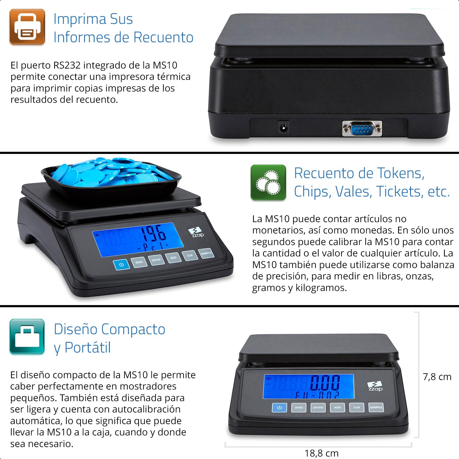 ZZap MS10 Báscula contadora de monedas 5 divisas 3 kg pantalla retroiluminada batería