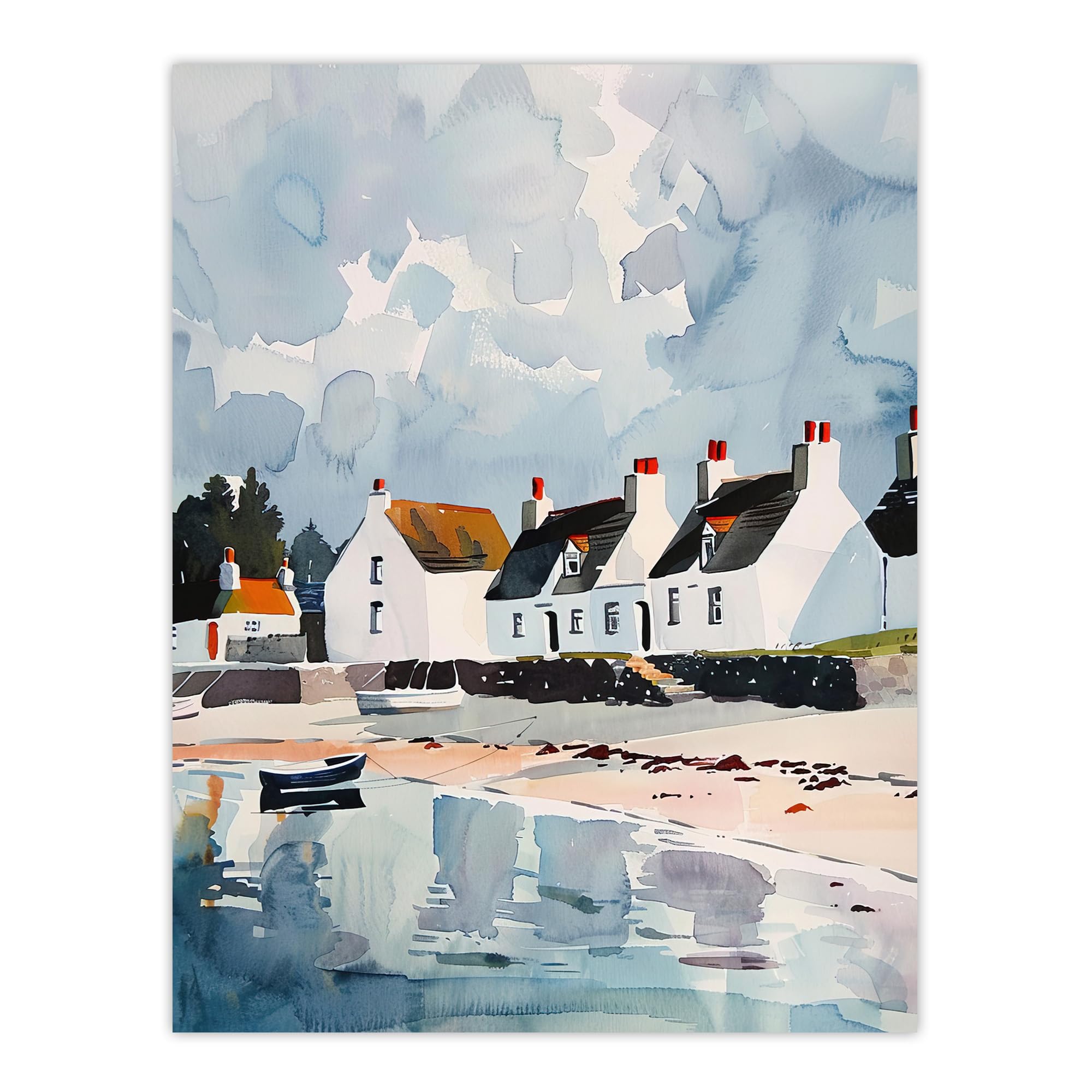 Artery8 Isle Jura Fisherman Seaside Cottages Watercolour Bathroom Toilet Large Wall Art Poster Print Thick Paper 18X24 Inch