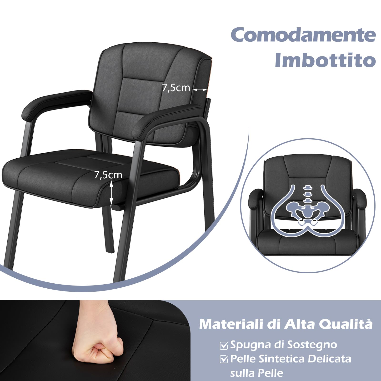 COSTWAY Set di 2 Sedie da Ufficio, Sedia per Sala d'Attesa con Struttura in Metallo, Braccioli Imbottiti, Sedia da Ospiti per Ufficio Riunioni, Portata 180kg (Nero)