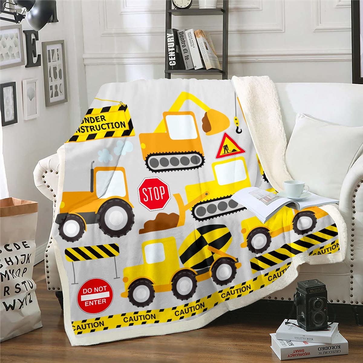 Homemissing Cartoon Car Fleece Throw Blanket Yellow Excavator Tractor Sherpa Blanketfor Kids Boys Construction Cars Plush Blanket Machinery Cranes Vehicles Grey for Sofa Bed,Double 60x79 Inch