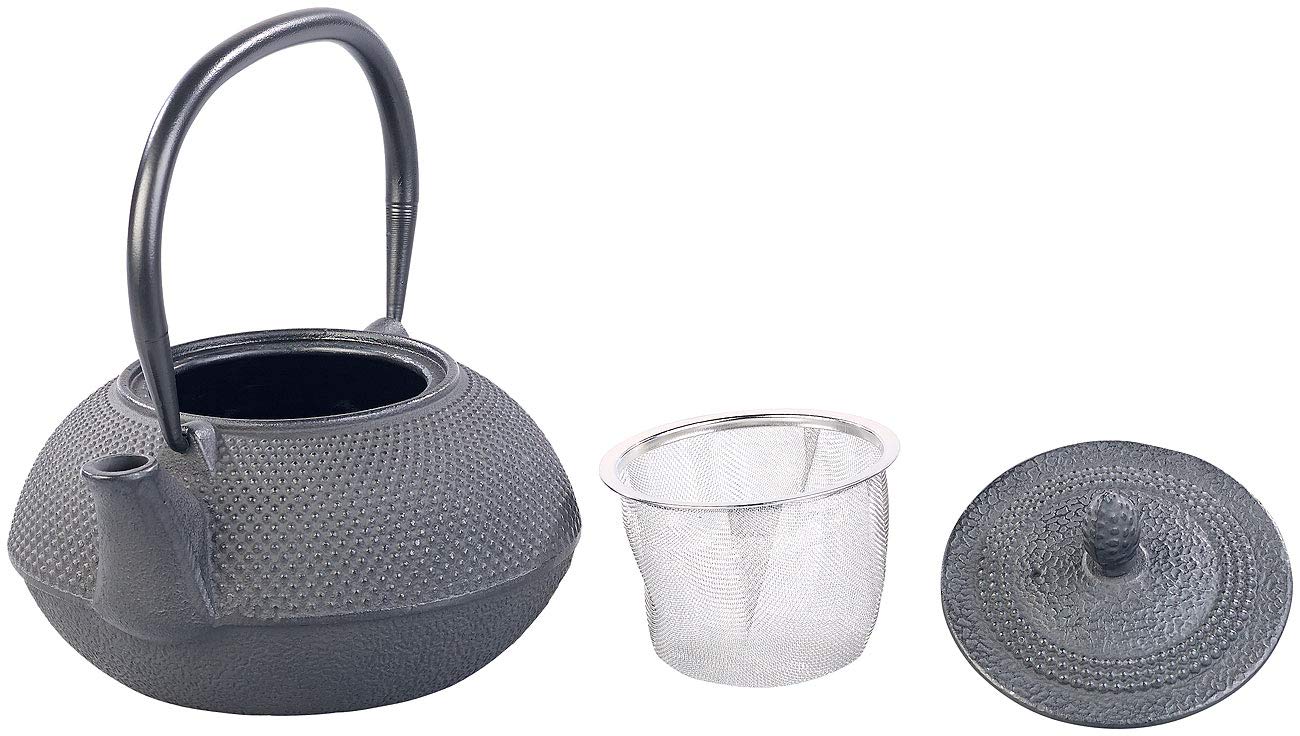 Rosenstein & Söhne Tee Set: Asiatische Teekanne, Untersetzer und 2 Becher aus Gusseisen, schwarz (Asiatische Teekanne Set, mit Teebechern, Guss)