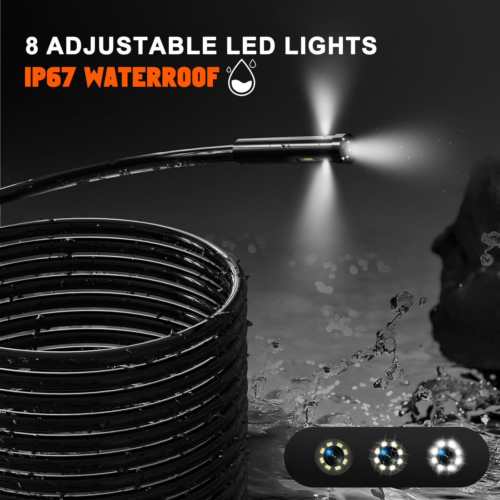 Kamera endoskopowa z potrójną soczewką 15 m, HD 1080P 5,0 cala Endoskop przemysłowy z 8 plus 2 lampami LED, kamera węża 8 mm, wodoodporna kamera IP67, 32G