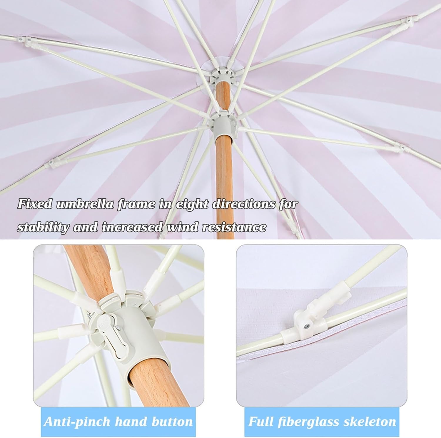 6ft Pink and White Stripes Boho Beach Umbrellas Waterproof Outdoor Tassel Umbrella Shade Patio Umbrella Solid Wood Shaft Adjustable Tilt Easy to Carry for Garden Deck Backyard Pool Beach Lawn