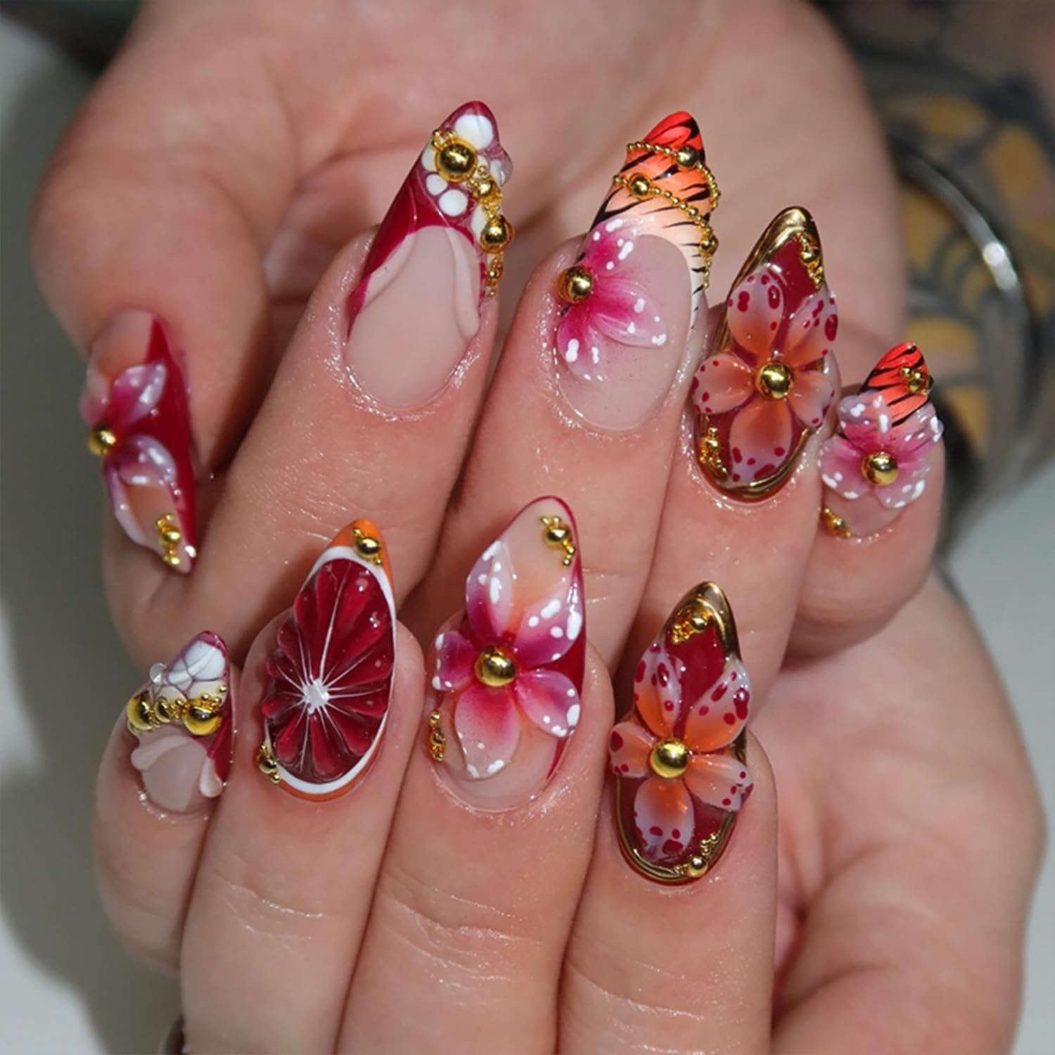 Summer Press on Nails Medium Almond Zebra Stripe French Tip