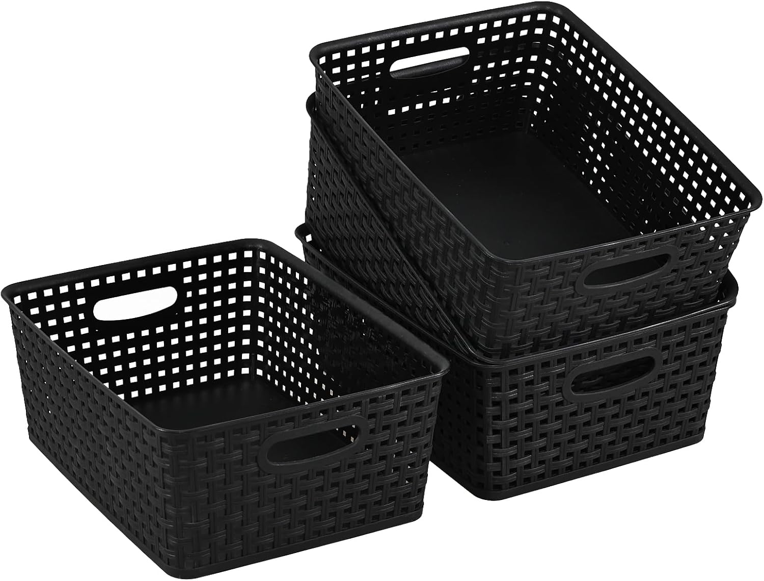 Plastic Storage Baskets, 4 Pack, Black, Durable, Easy to Use | 11.49" x 8.89" x 4.52", Multi-Purpose, Ideal for Closets, Cabinets, Shelves, Countertops
