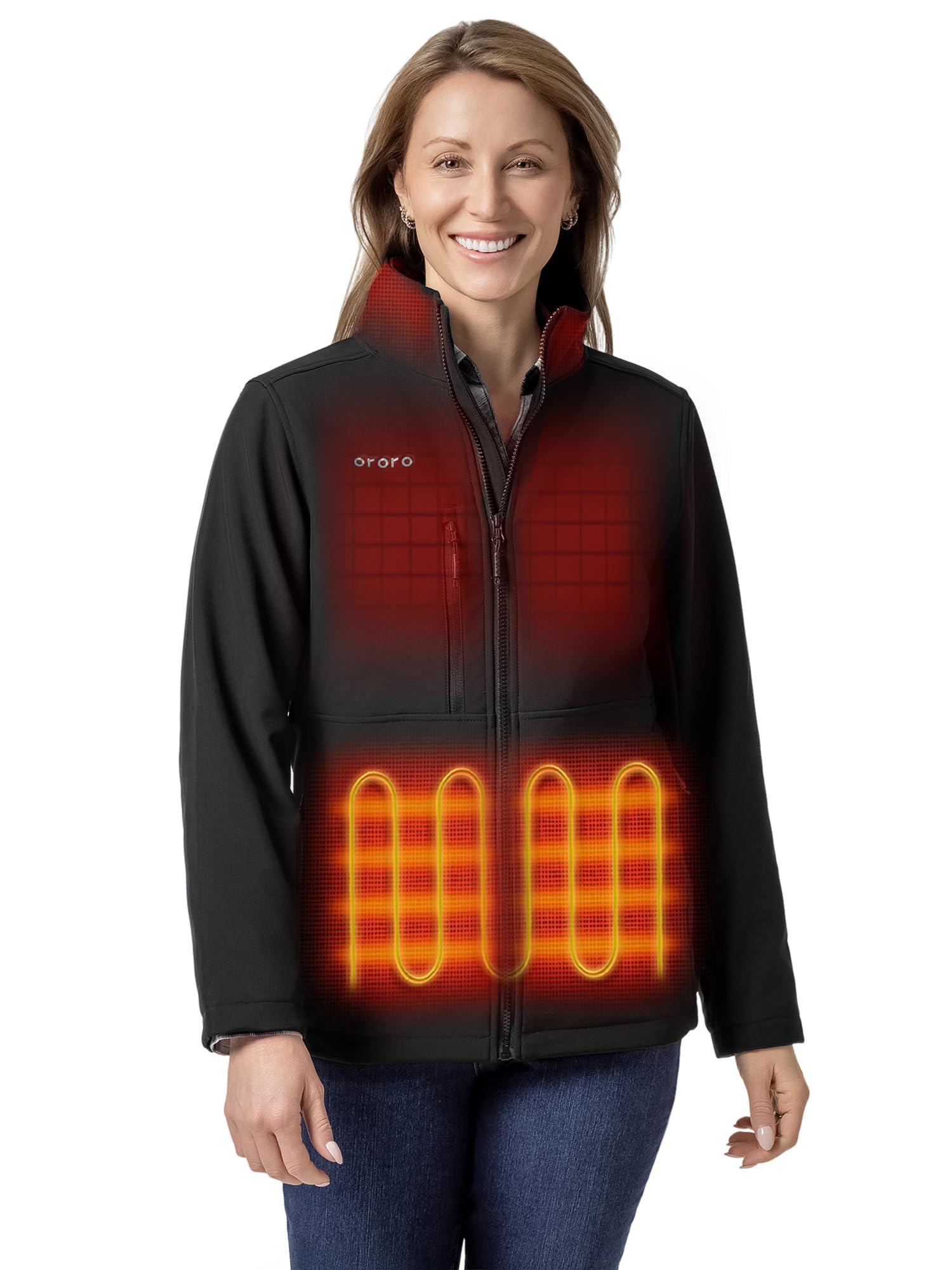 ORORO Women's 5 Heat Zones Softshell Heated Jacket with Power Bank, Fleece Lined Heated Coat (Black, L)