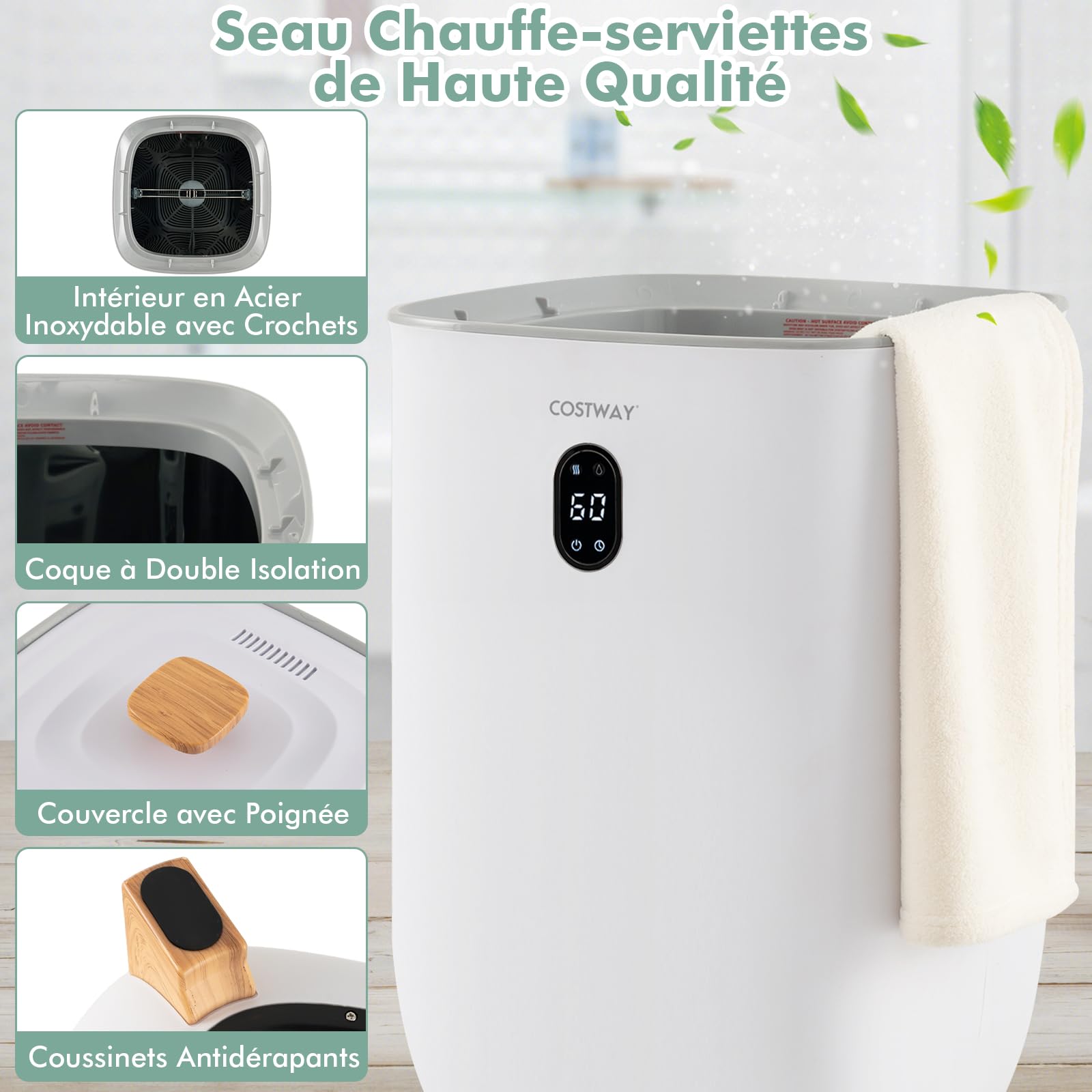 COSTWAY Chauffe-Serviettes 35L, Sèche Serviettes Portable pour Salle de Bain avec Arrêt Automatique, Minuterie&Mode Séchage, Plateau à Arômes, Seau Chauffant pour Peignoirs Spa Couvertures