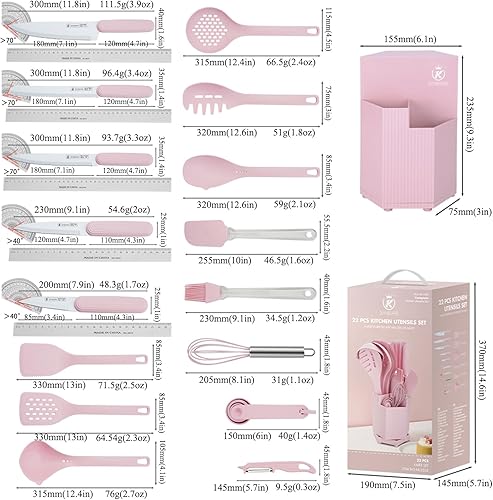 Miniatura 7 de Juego de cuchillos de cocina, juego de utensilios de cocina de silicona de 22 piezas y cuchara de pala rosa, juego de cuchillos de chef de acero
