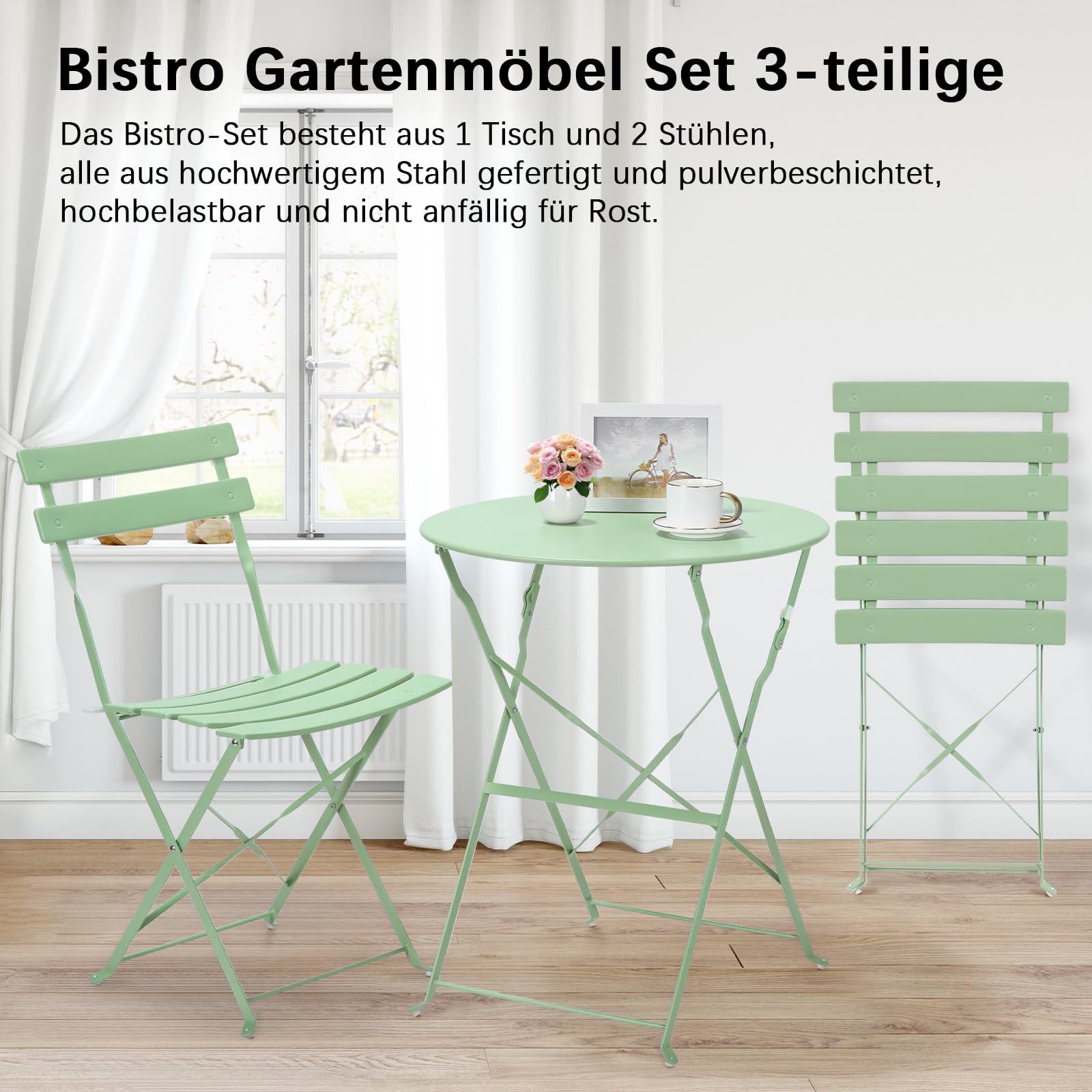 LIFERUN Gartenmöbel Bistro Set Metall, Bistro Set Klappbar 3 Teilig, Balkonset 2 Klappstuhl 1 Klapptisch, Balkonmöbel Klappbar, Wetterfest, Sitzgarnitur, Balkonmöbel Set für Balkon und Garten, Grün