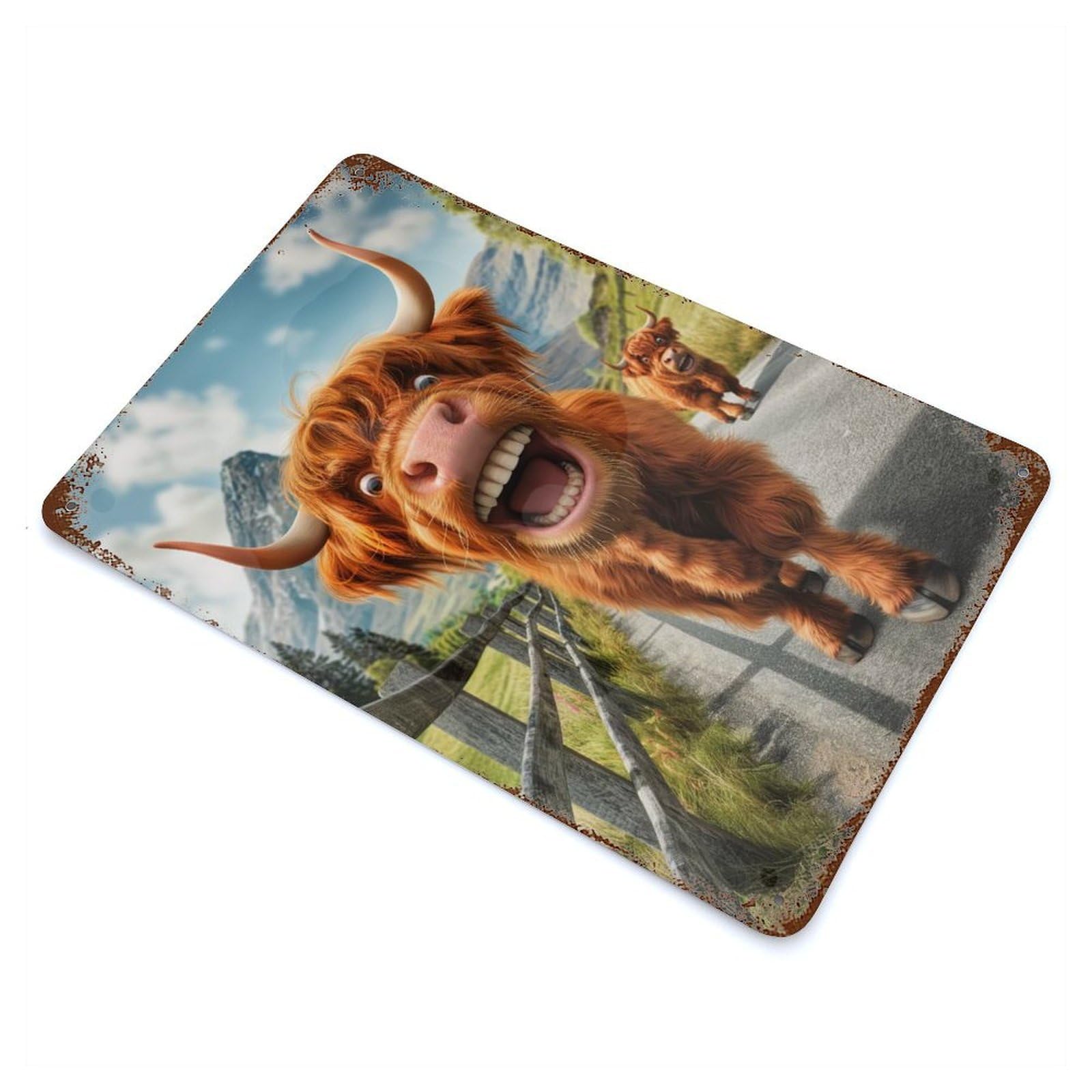 Rust Effect Funny Highland Cow Glencoe Weathered Tin Sign 11.8"x7.9", Shabby Chic Decor for Cafe, Home Bar And Lounge Decor