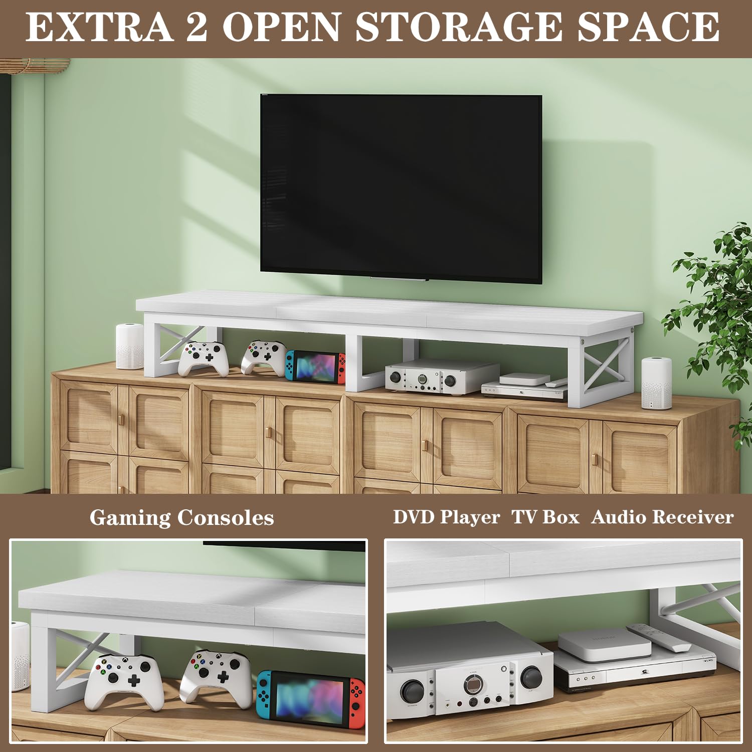 IBUYKE 32-60" Mueble TV,Mesa Televisión Estrecha con 2 balda,Doble Pantalla de Escritorio de Oficina,Mueble de TV para Hogar,Dormitorio,Sala de Estar,Blanco TVT002W
