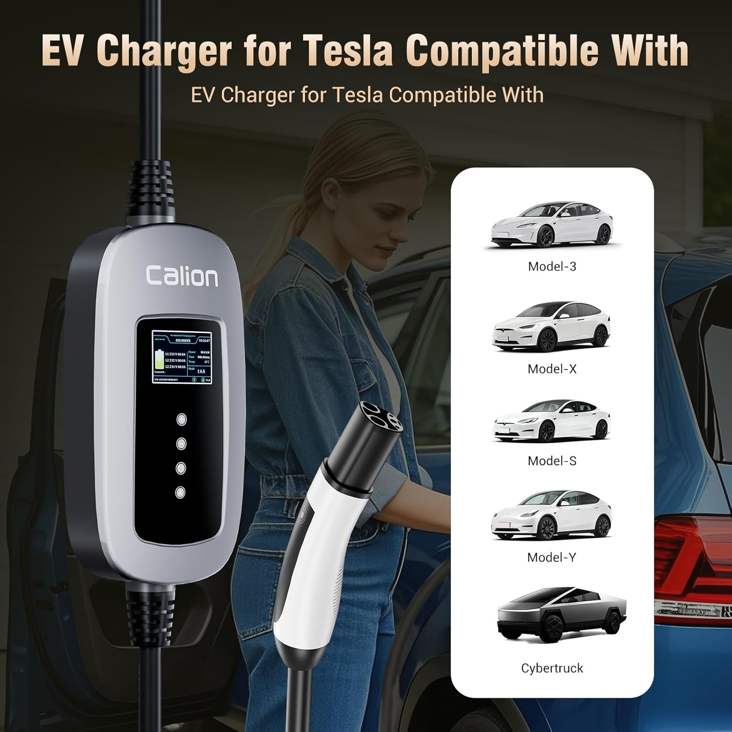 CALION Level 2 EV Charger for Tesla, 16 Amp, 240V 3.5 kW Tesla Electric Vehicle Portable Charger with Keypad & 2.4-Inch Screen, NEMA 5-15 Plug, 16.5FT Cable, Applicable to Tesla Models