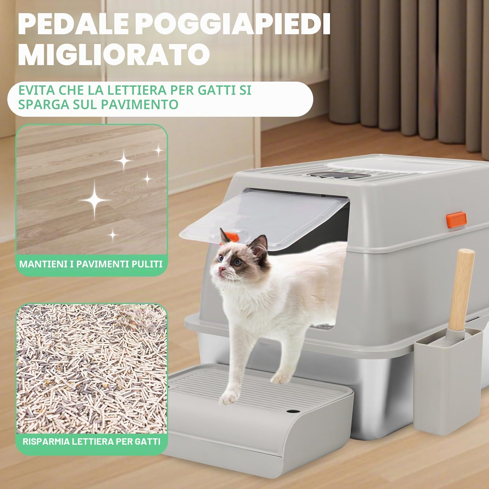 Lettiera Gatto Chiusa con pala e pedali,Lettiera Toilette per Gatti Chiusa,Grande Capacità,mit Doppeltem Eingang für Katzen aller Größen,Grigio