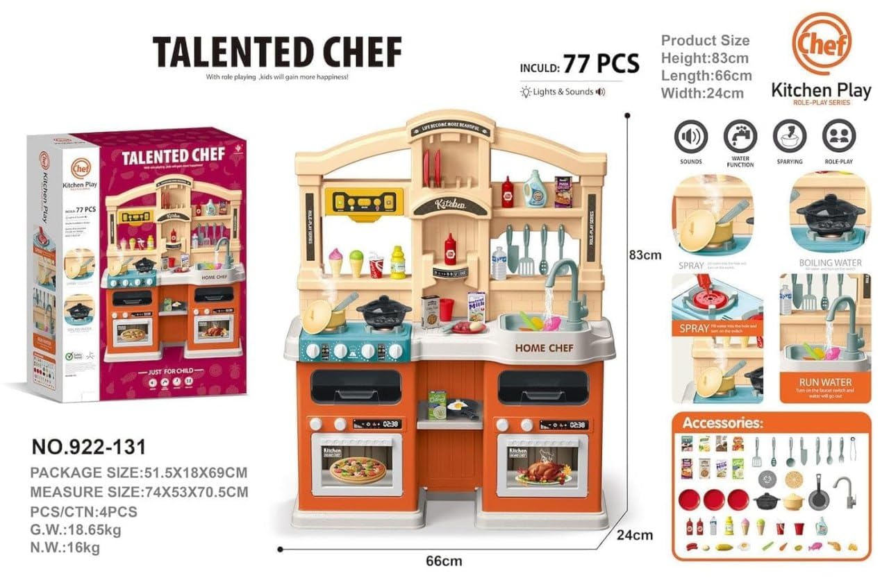 77-Piece Talented Chef Kitchen Play Set – Interactive Light & Sound, Spray & Boiling Water Function – Fun Pretend Cooking Toys for Kids - Image 9 thumbnail