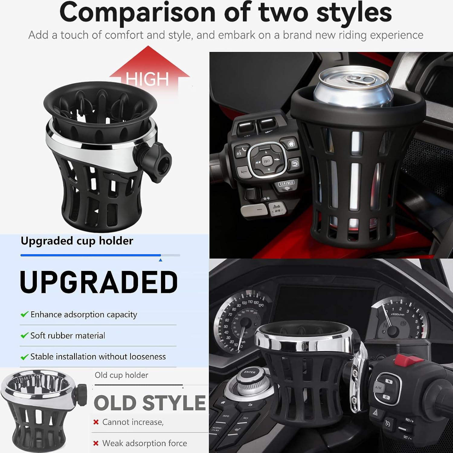 Motorcycle Upgraded Handlebar Drink Cup Holder, 360° Rotating Drink Holder for Harley Davidson Passenger Water Bottle Holder with Mesh Basket for Honda Goldwing GL 1800 (Black, 142)