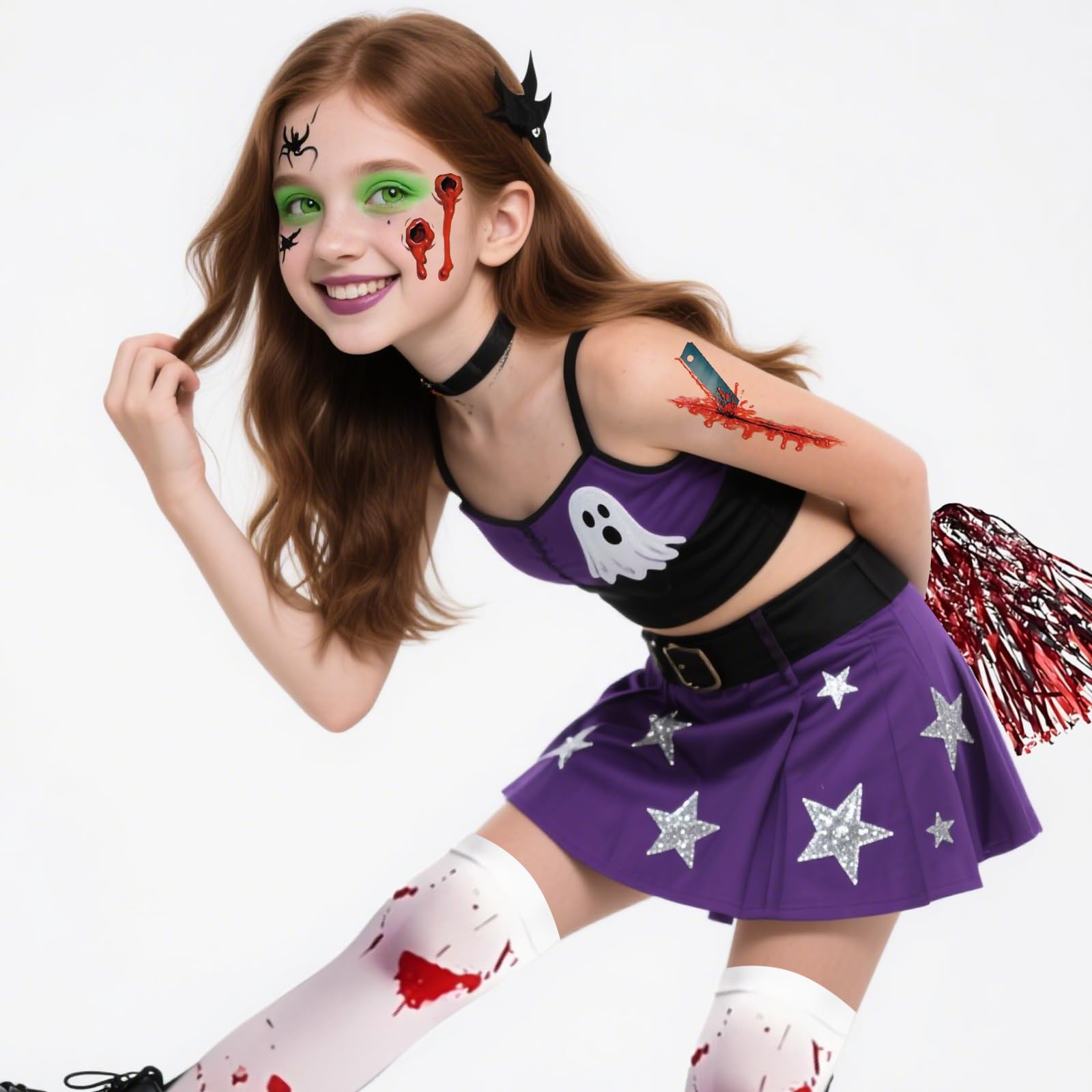 Pddenality 9 Pcs Halloween Costumes for Kids Set Red Zombie Cheerleader Costume Kids Zombie Costume - Image 4