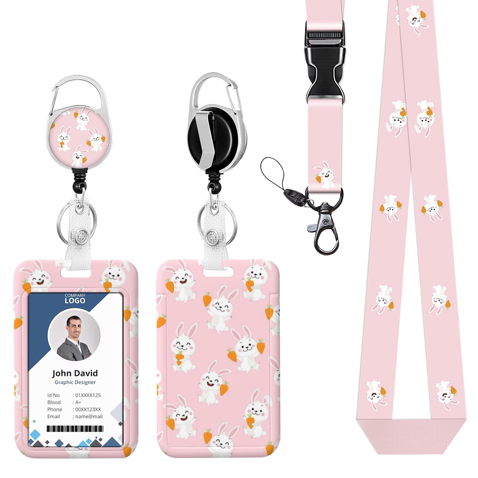 ID Badge Holder with Lanyard Rabbit Carrot Retractable Reel Lanyards for ID Badges Name Tag Clips Funny Nurse Teacher Office Student Gift