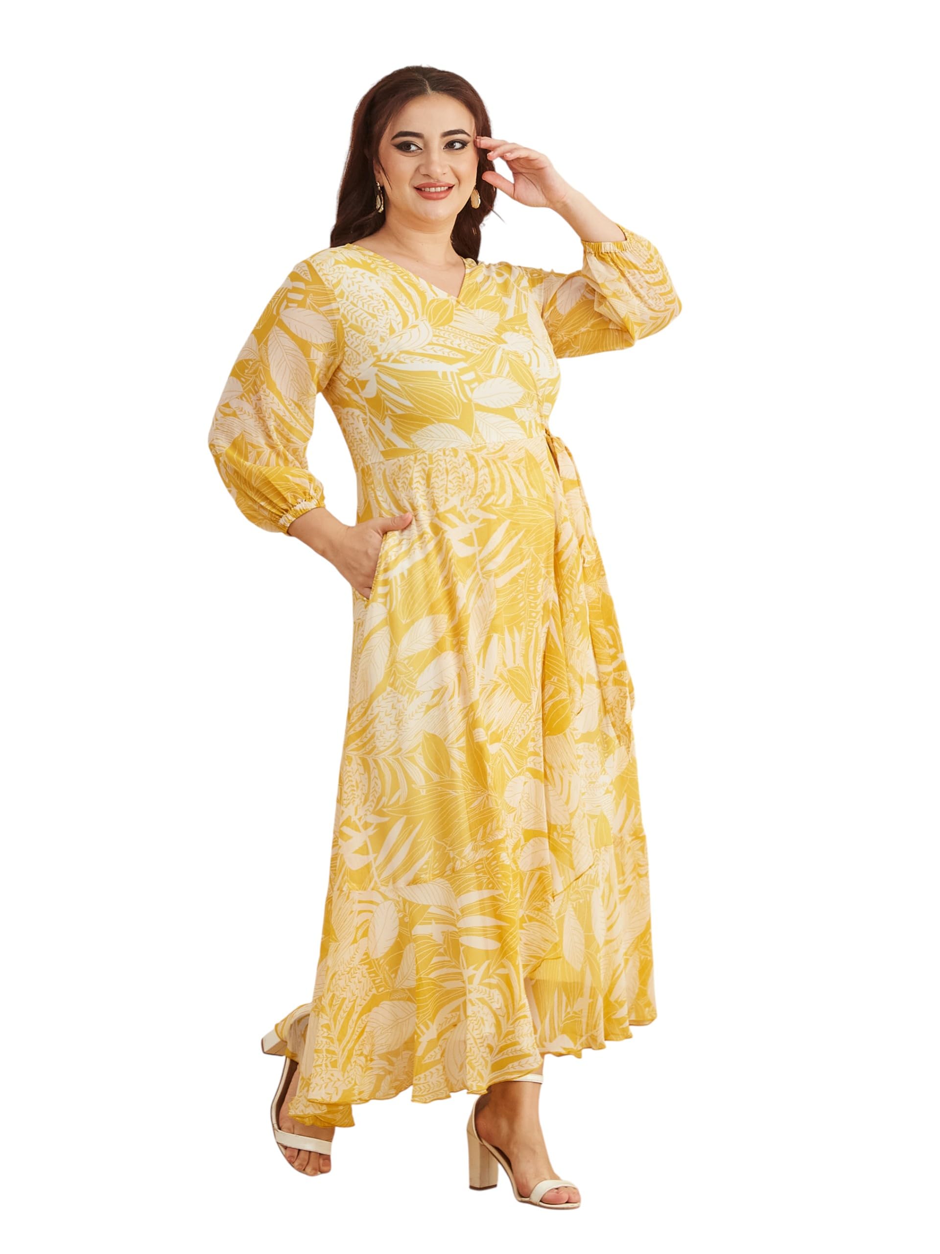 miss chase a+ Women's V- Neck Three-Quarter Sleeve Geometric Patterned Wrap Midi Chiffon Dress-picture-0