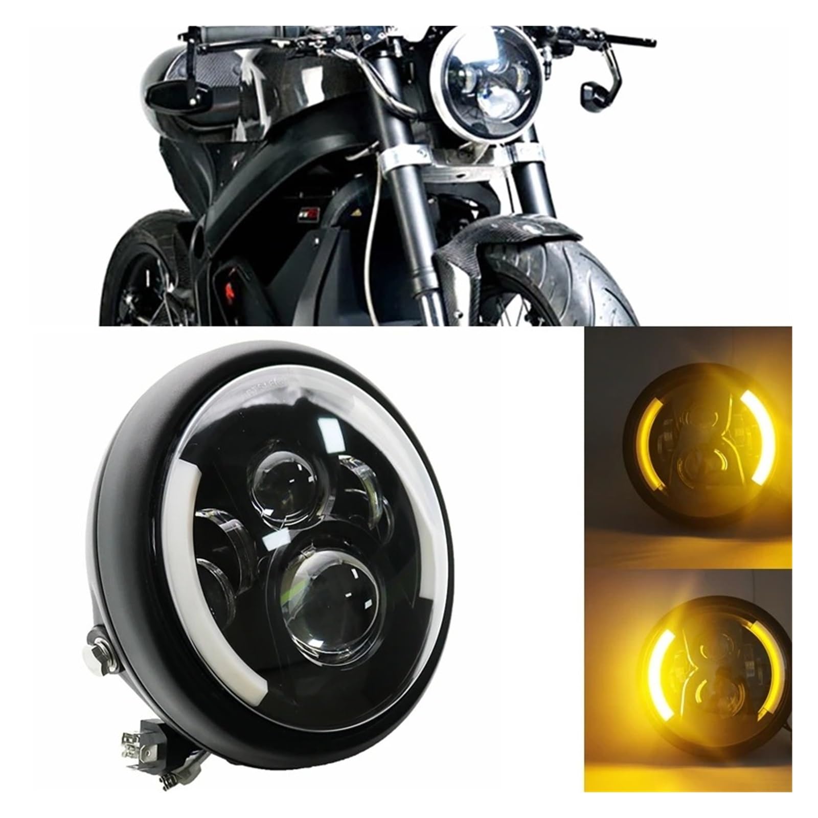 Faro Universale Modificato Da 7,5 Pollici A LED Retrò Per Motocicletta Fascio Hi/Lo DRL E Alloggiamento Nero Opaco Con Staffa Fanale Anteriore Moto(Light and housing)