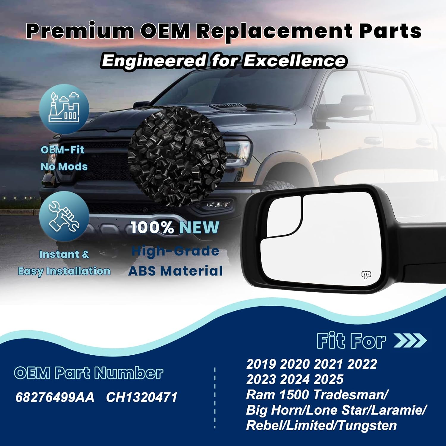 Side Mirror Fits For Ram 1500, Compatible With Ram 1500 Driver Side Mirror Replacement,Compatible With Ram 1500 Passenger Side Mirror Replacement (19-25(5+2pins) Black, Left)