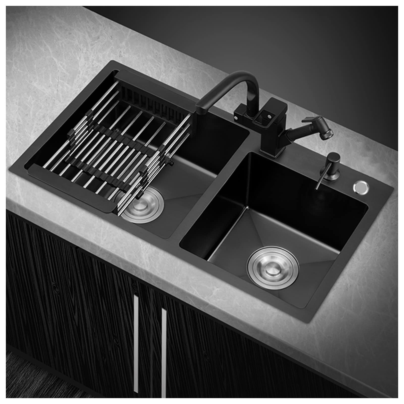 ZQFHSX 304 Stainless Steel Black Bar Sink Square Nano Kitchen RV With Faucet & Drain Top Mount Or Undermount (Color : Black-e, Size 80x45x22cm)