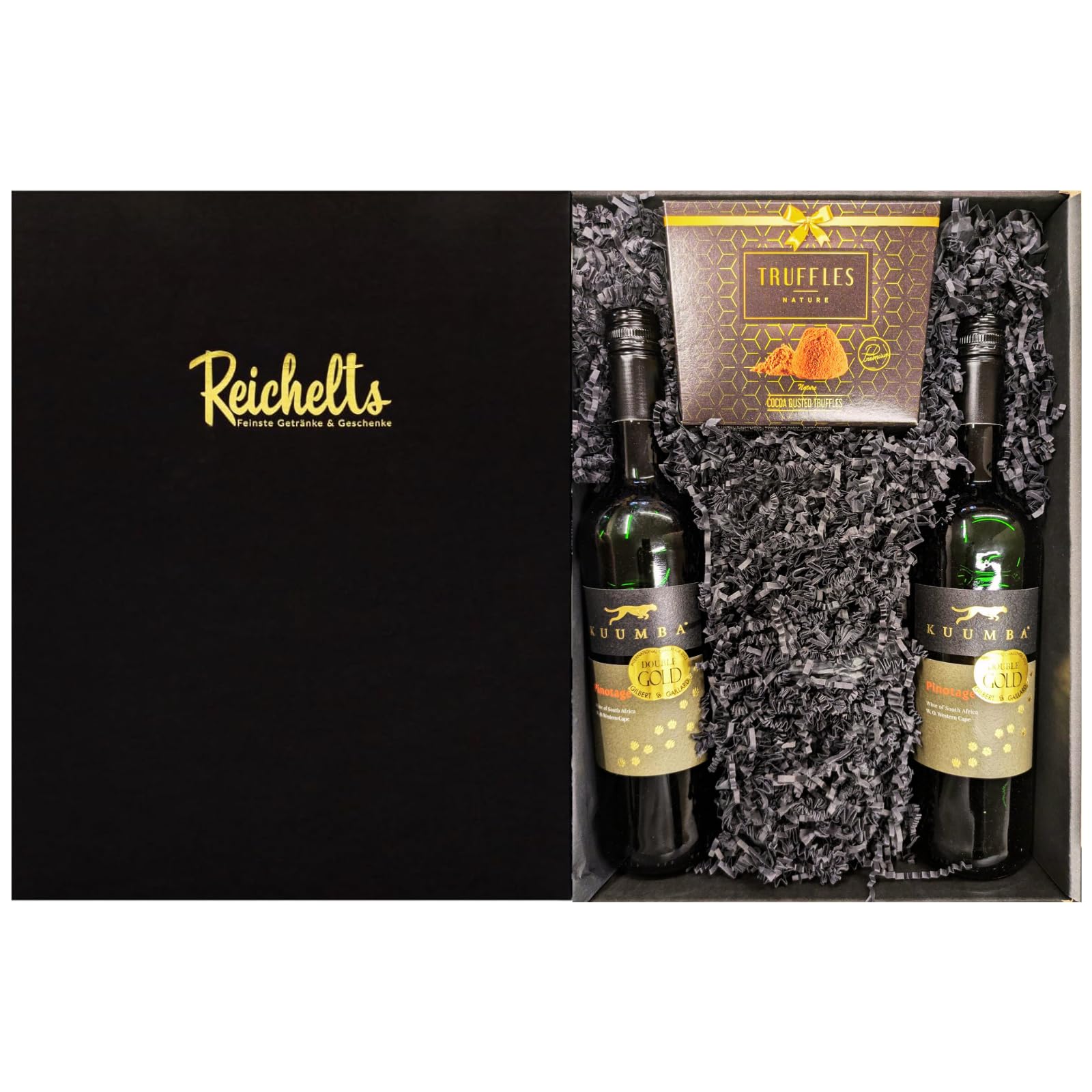 2 x Kuumba Pinotage Rotwein 2022 Wein aus Südafrika 0,7 l 13,5% + 1 x Schokoladen-Trüffel Natur 150g als Geschenkset in Präsentbox by Reichelts I Ideal für Geburtstag, Hochzeit, Valentinstag