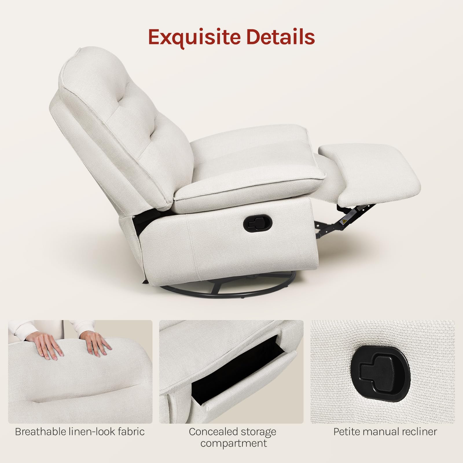 WOLTU Poltrona Relax Reclinabile Manuale, Girevole e Dondolante, Poltrona con Poggiapiedi Pieghevole e Scomparto Laterale, Tessuto Effetto Lino, per Soggiorno, Beige