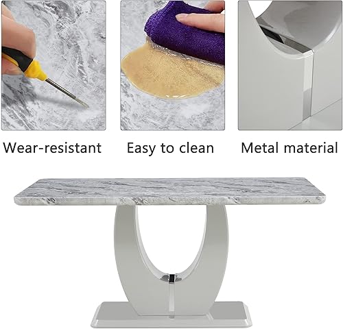 Miniatura 5 de JUFU Moderno juego de mesa de comedor para 6, juego de mesa de cocina rectangular con mesa de mármol sintético y 6 sillas tapizadas de piel