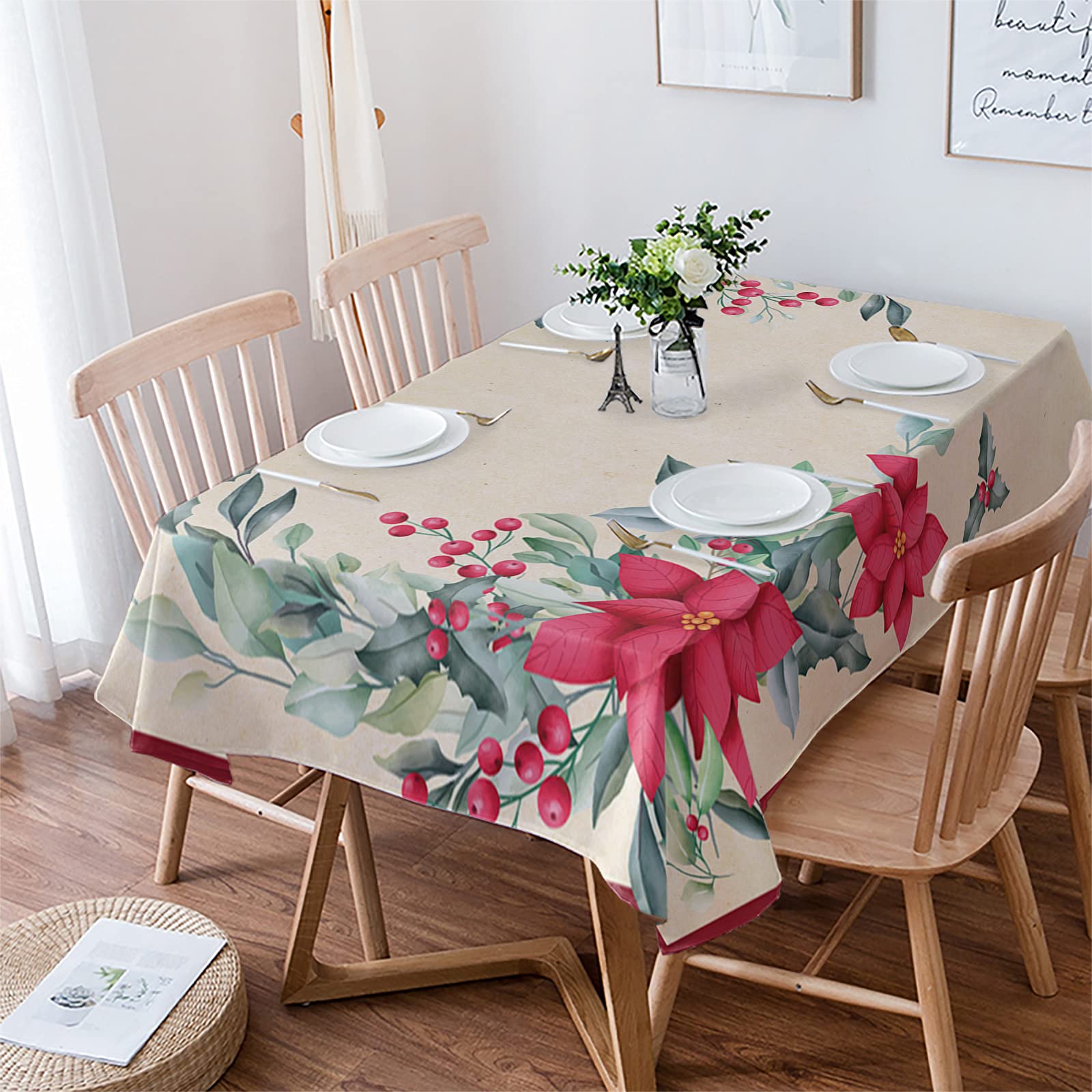 Rectangle Table Cloth 60x60 Inch Waterproof Spill Proof Tablecloth Soft Polyester Table Cover Washable Table Cloths for Parties Wedding Dining Room - Christmas Flower Poinsettia Vintage Texture