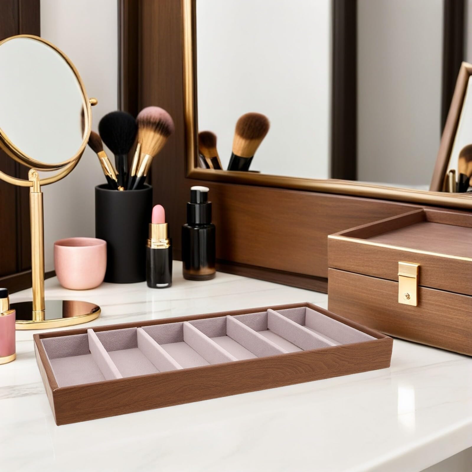 Organizador de Gafas de Madera con Compartimentos para Gafas y Joyas Bandeja Protectora Resistente y Anteojos Diseño Natural y Elegante para Escritorio