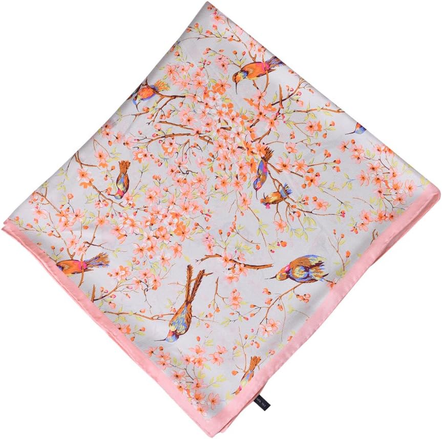 Fashion Birds And Flowers Silk Scarf Women Silk Twill Infinity Square Shawl,Peach,One Size