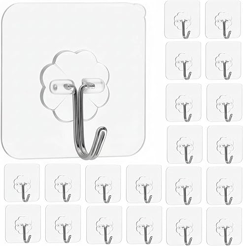 Paquete de 24 ganchos autoadhesivos resistentes, 33 libras (máx.), transparentes, sin uñas, impermeables, ganchos de pared adhesivos para llaves,