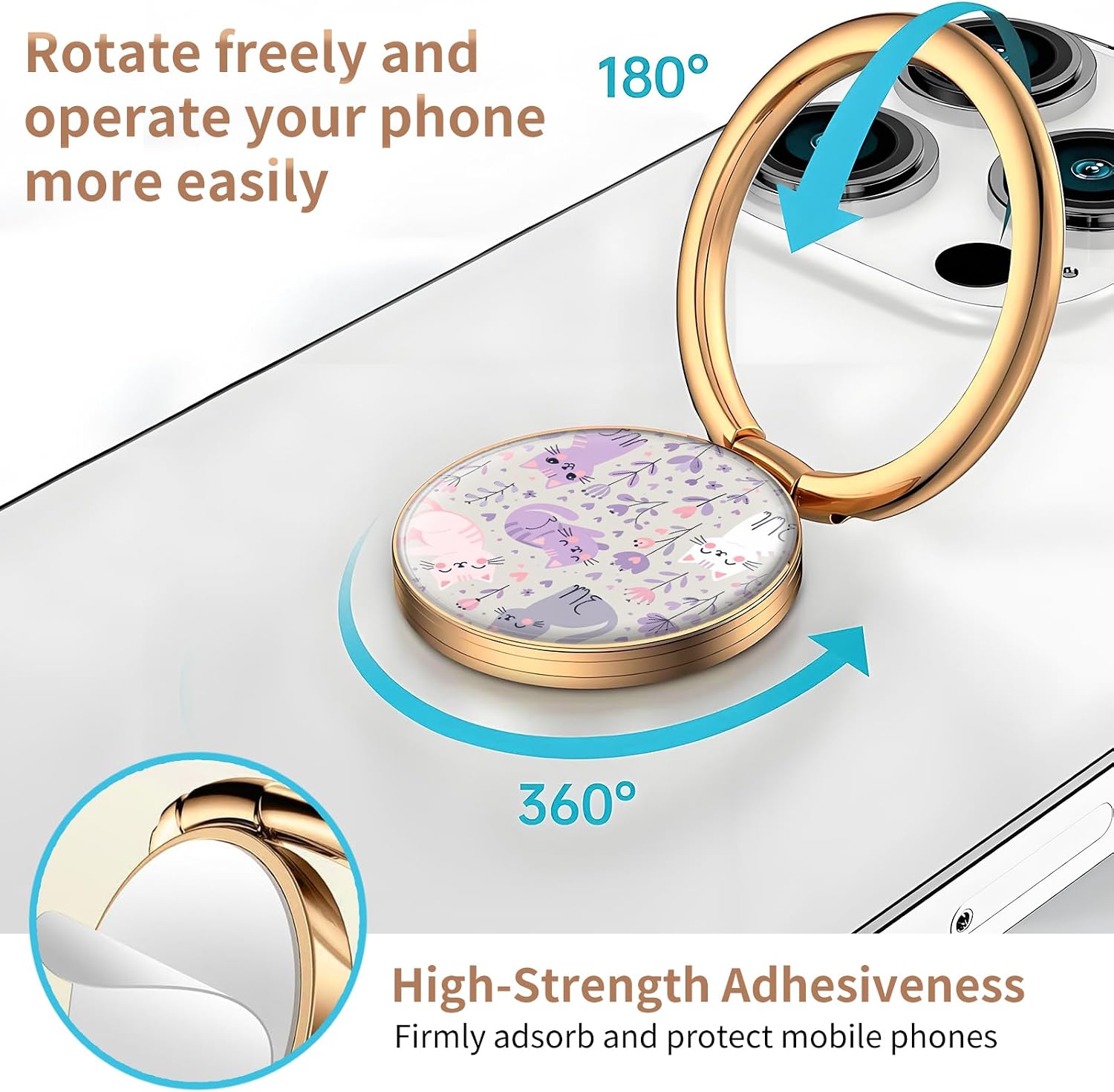 Cell Phone Ring Holder, Cute Metal Phone Grip Stand Finger Ring Kickstand, Flexible 360°Rotation Phone Tablet Case Accessories Compatible with Most Phones Cute Purple Cats image 3