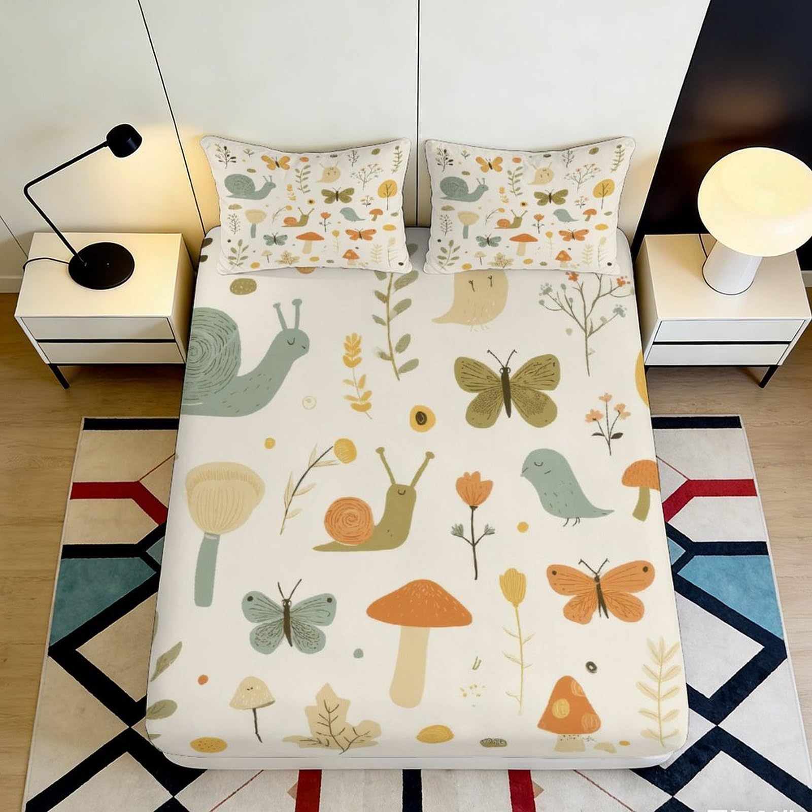 3D Printed Forest Snail Fitted Sheet Microfiber Soft Decor Butterfly Mushroom Mattress Cover for Bedroom Guest Room 90x200x25cm
