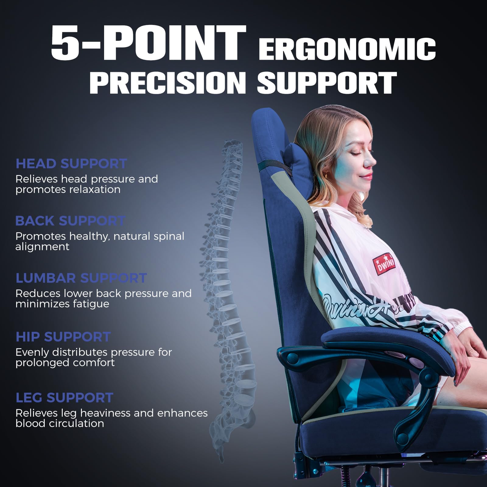 GTPLAYER Sedia da gaming ergonomica, sedia da ufficio in tessuto traspirante, larga e alta, girevole, con poggiapiedi, supporto lombare regolabile e poggiatesta, Blu scuro