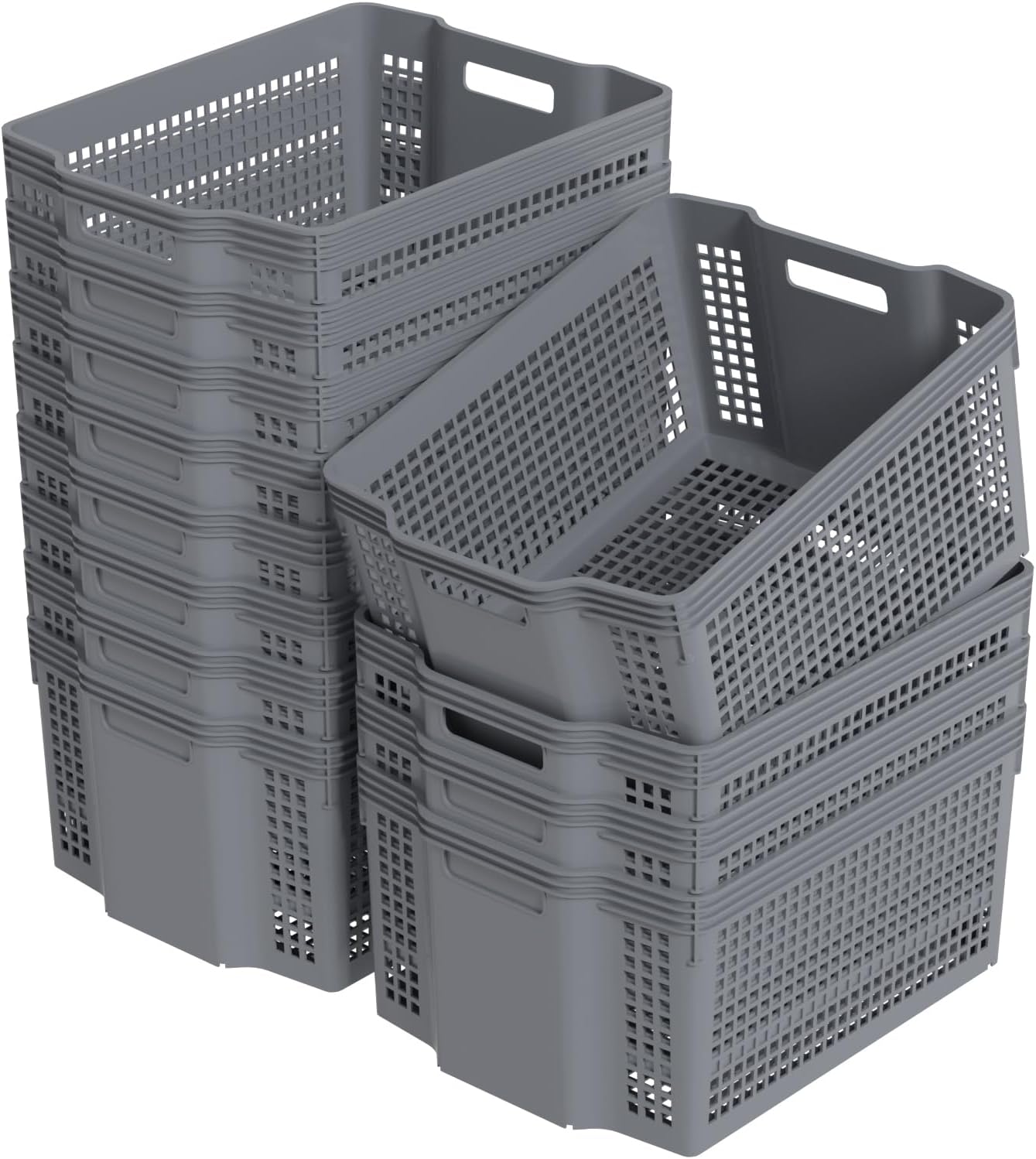 12 Pack Large Plastic Stackable Baskets Organizer, Grey Stacking Storage Basket Bin for Pantry, Shelves